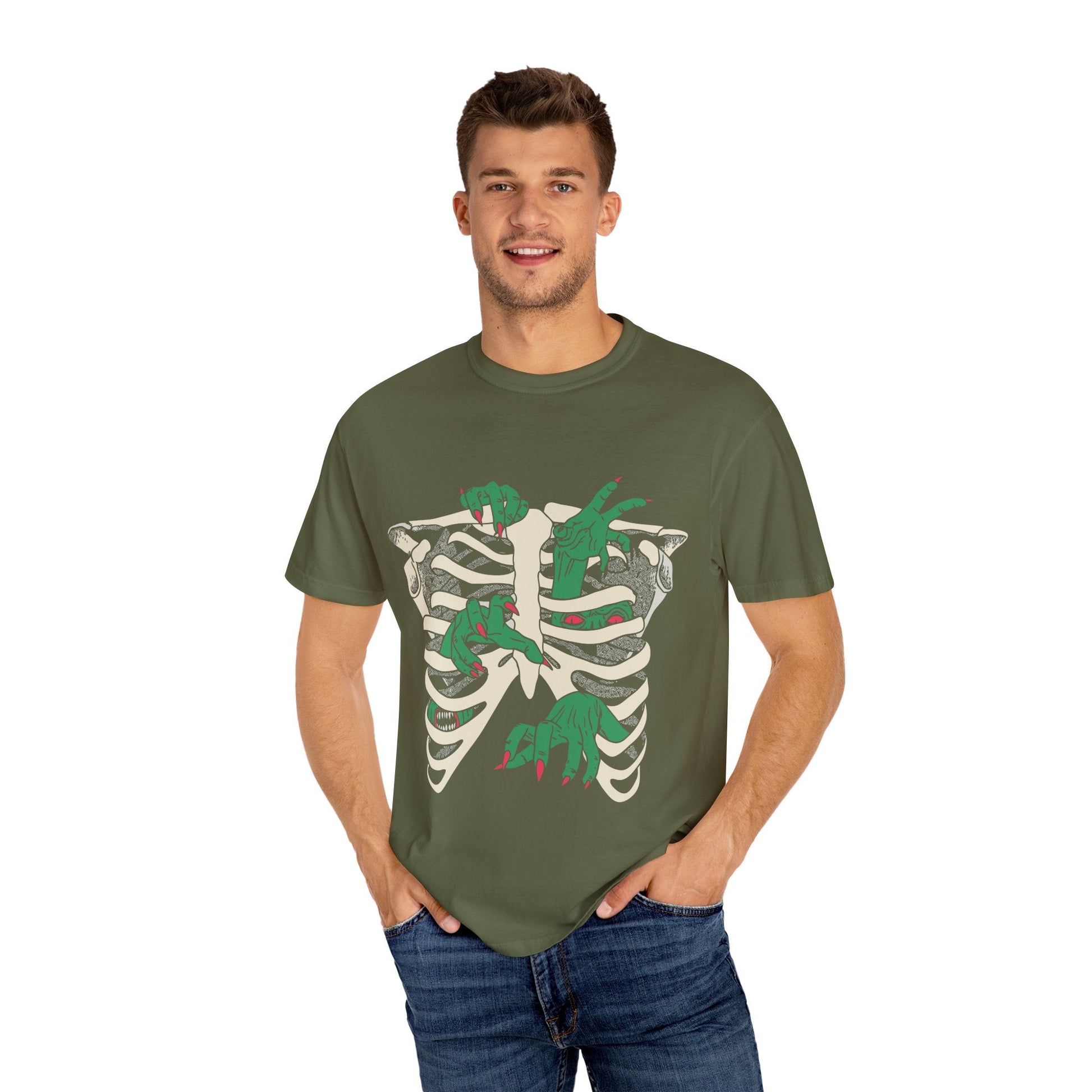 Skeleton Dino Unisex T-Shirt | Vintage Graphic Tee, Fun Gift, Casual Wear, Eco-Friendly Clothing, Halloween Apparel - Maklenn