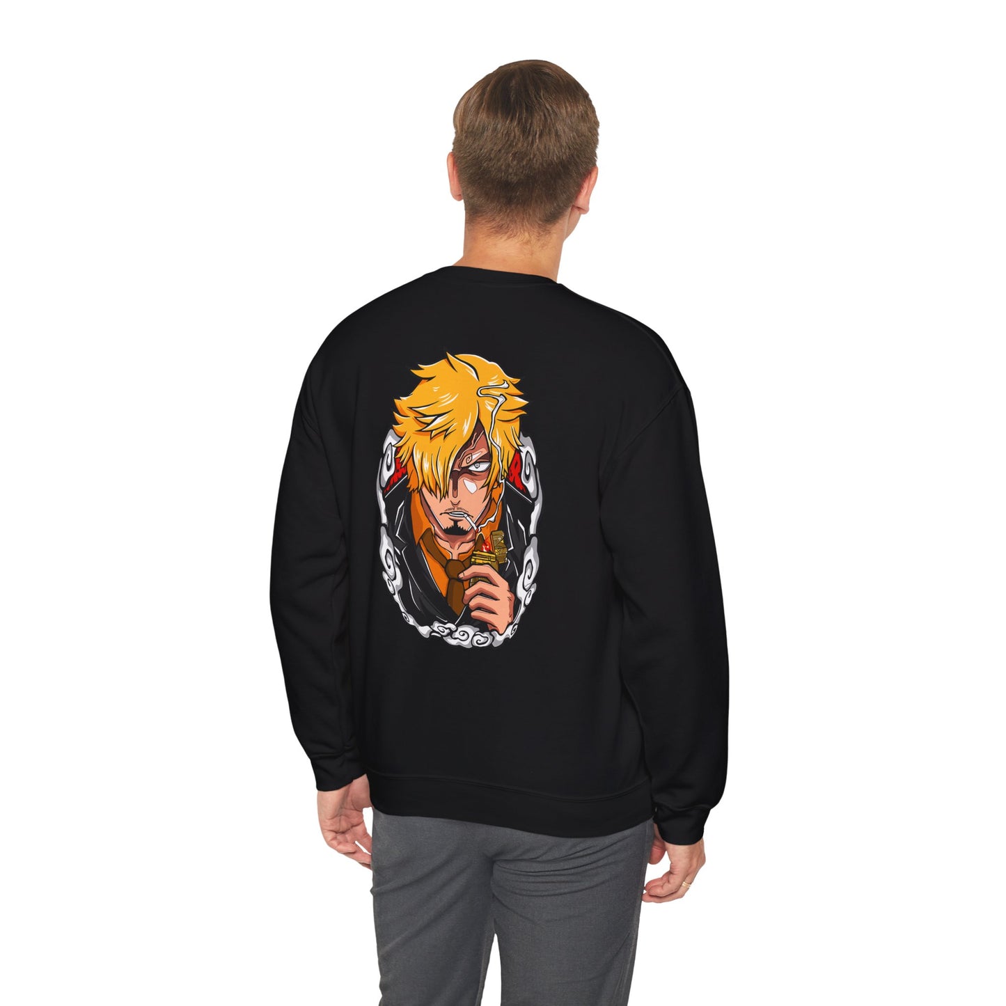 Anime Crewneck Sweatshirt — 'One Piece' Sanji Graphic Back with Logo Chest
