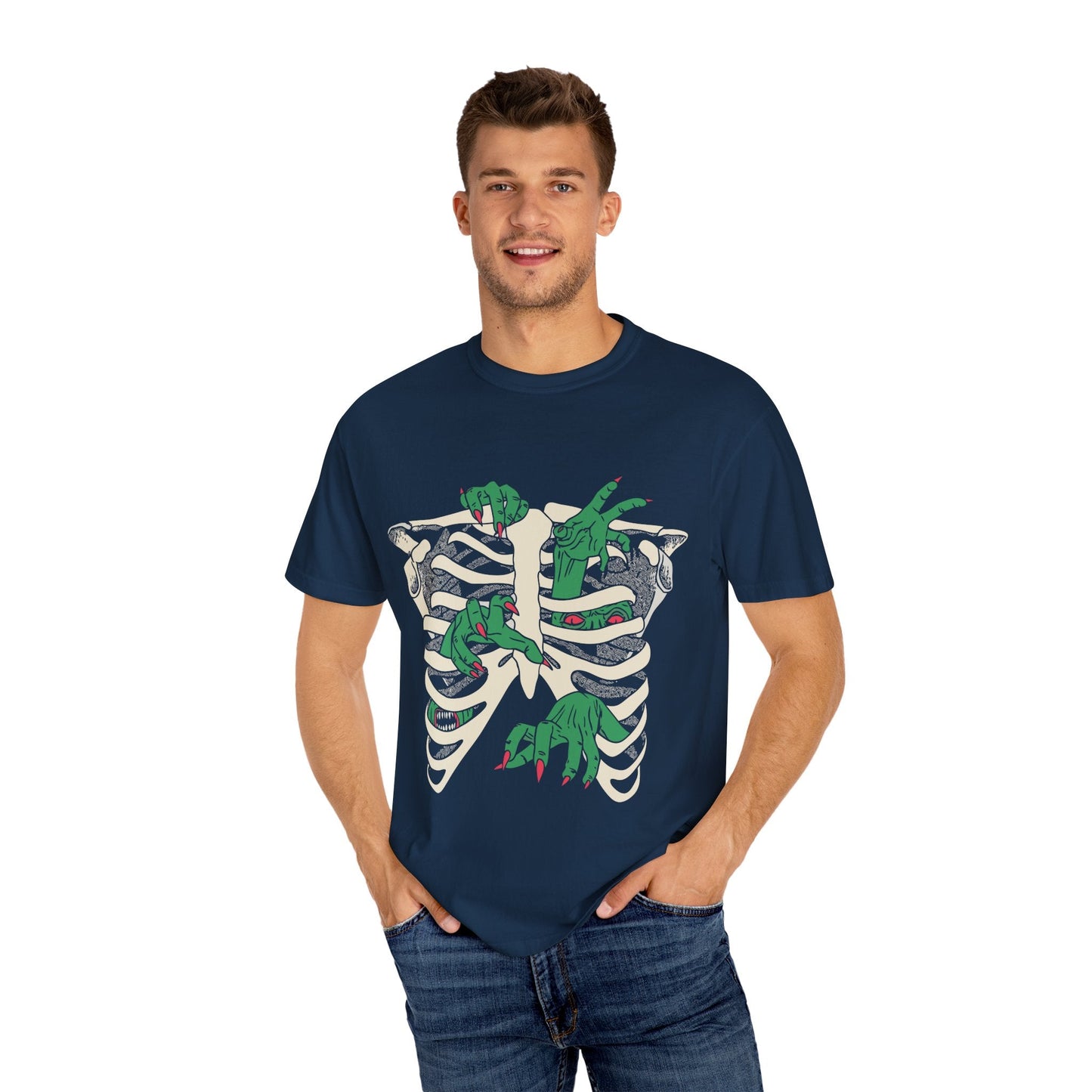 Skeleton Dino Unisex T-Shirt | Vintage Graphic Tee, Fun Gift, Casual Wear, Eco-Friendly Clothing, Halloween Apparel - Maklenn