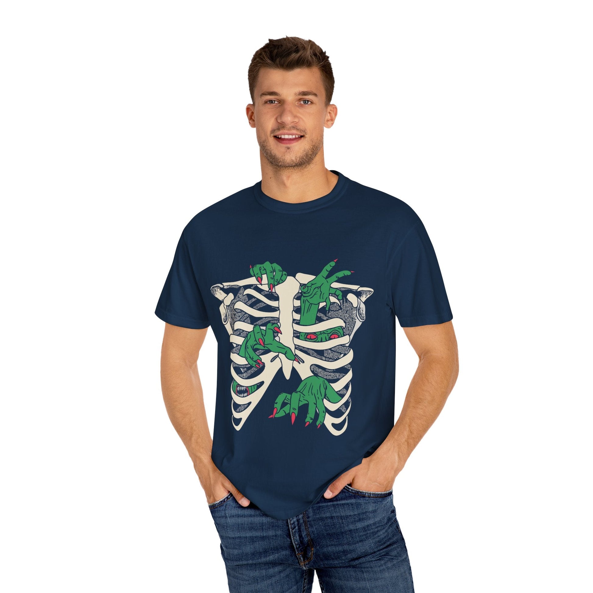 Skeleton Dino Unisex T-Shirt | Vintage Graphic Tee, Fun Gift, Casual Wear, Eco-Friendly Clothing, Halloween Apparel - Maklenn