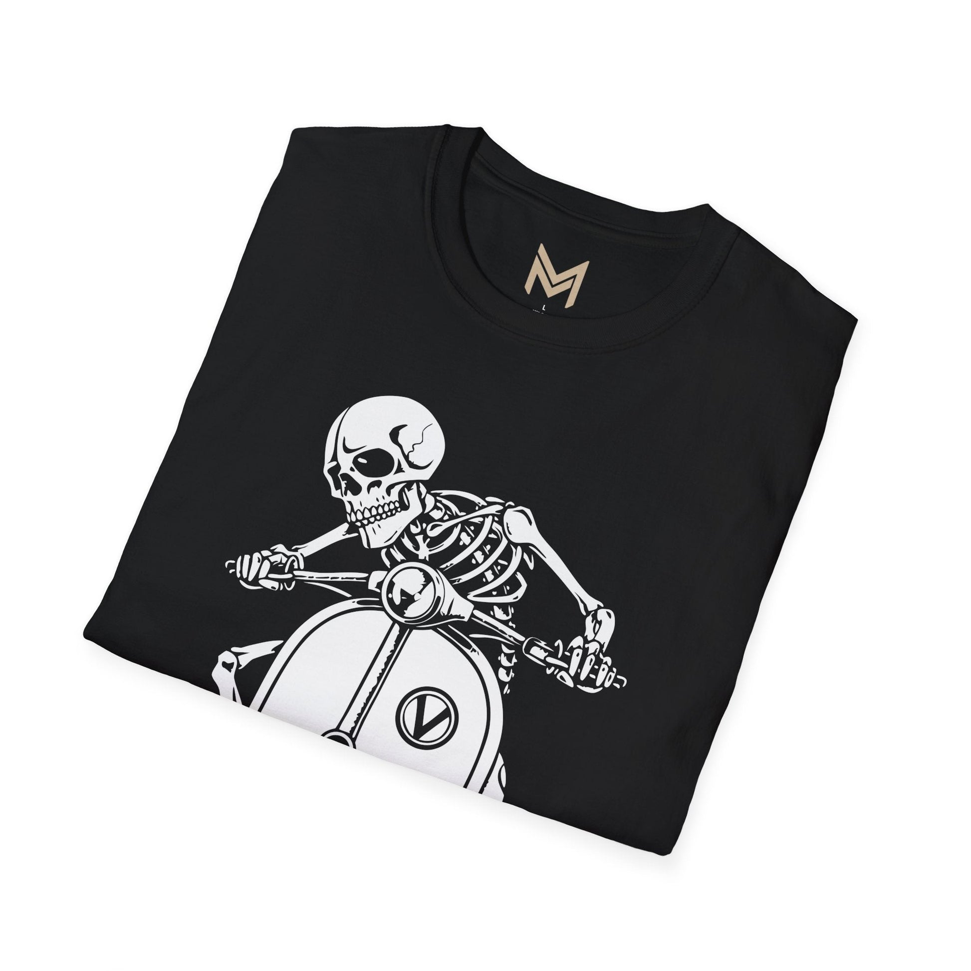 Skeleton Motorcycle T-Shirt | Unisex Softstyle Tee | Perfect for Halloween, Biker Events, Casual Wear, Festival Outfit, Gift Idea - Maklenn
