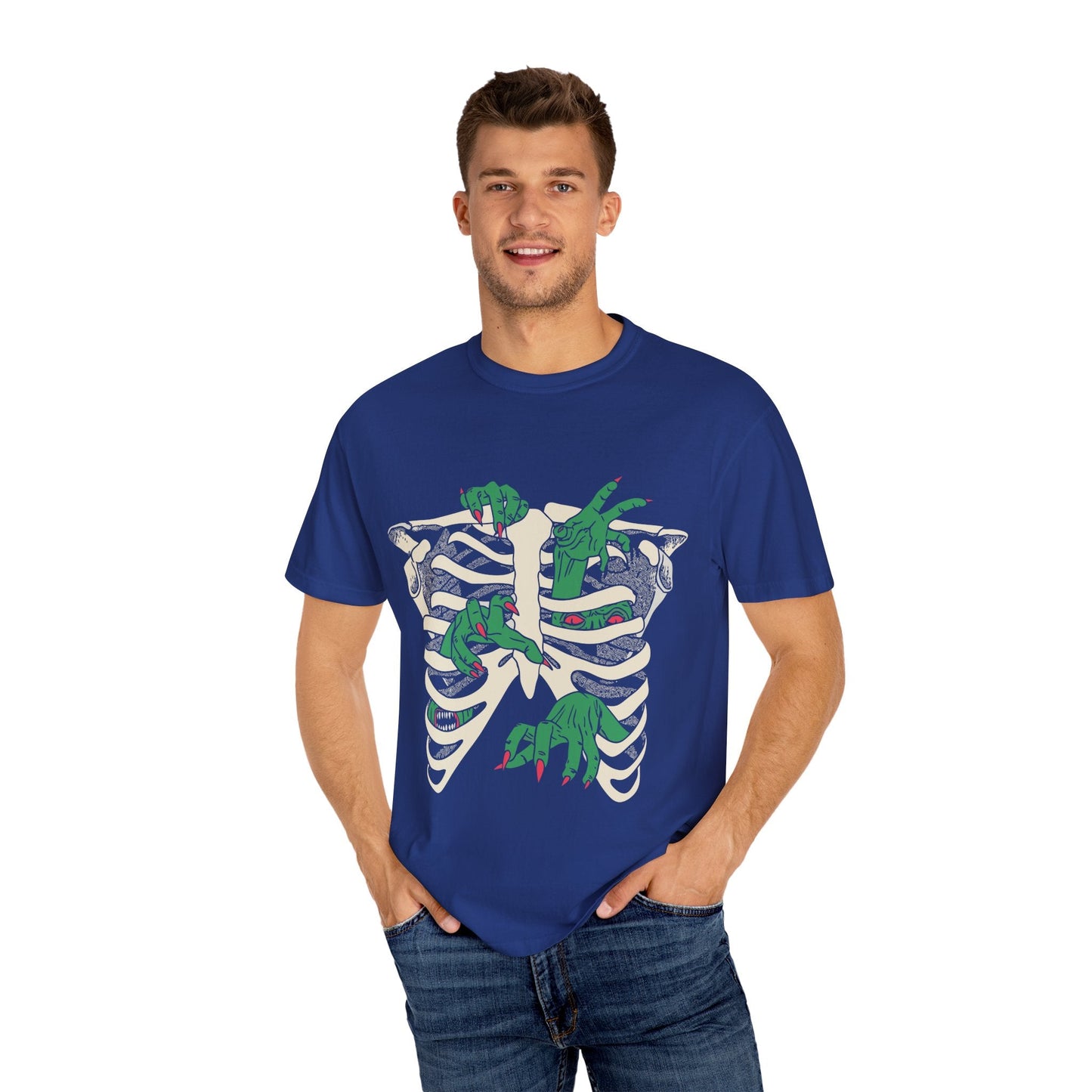 Skeleton Dino Unisex T-Shirt | Vintage Graphic Tee, Fun Gift, Casual Wear, Eco-Friendly Clothing, Halloween Apparel - Maklenn