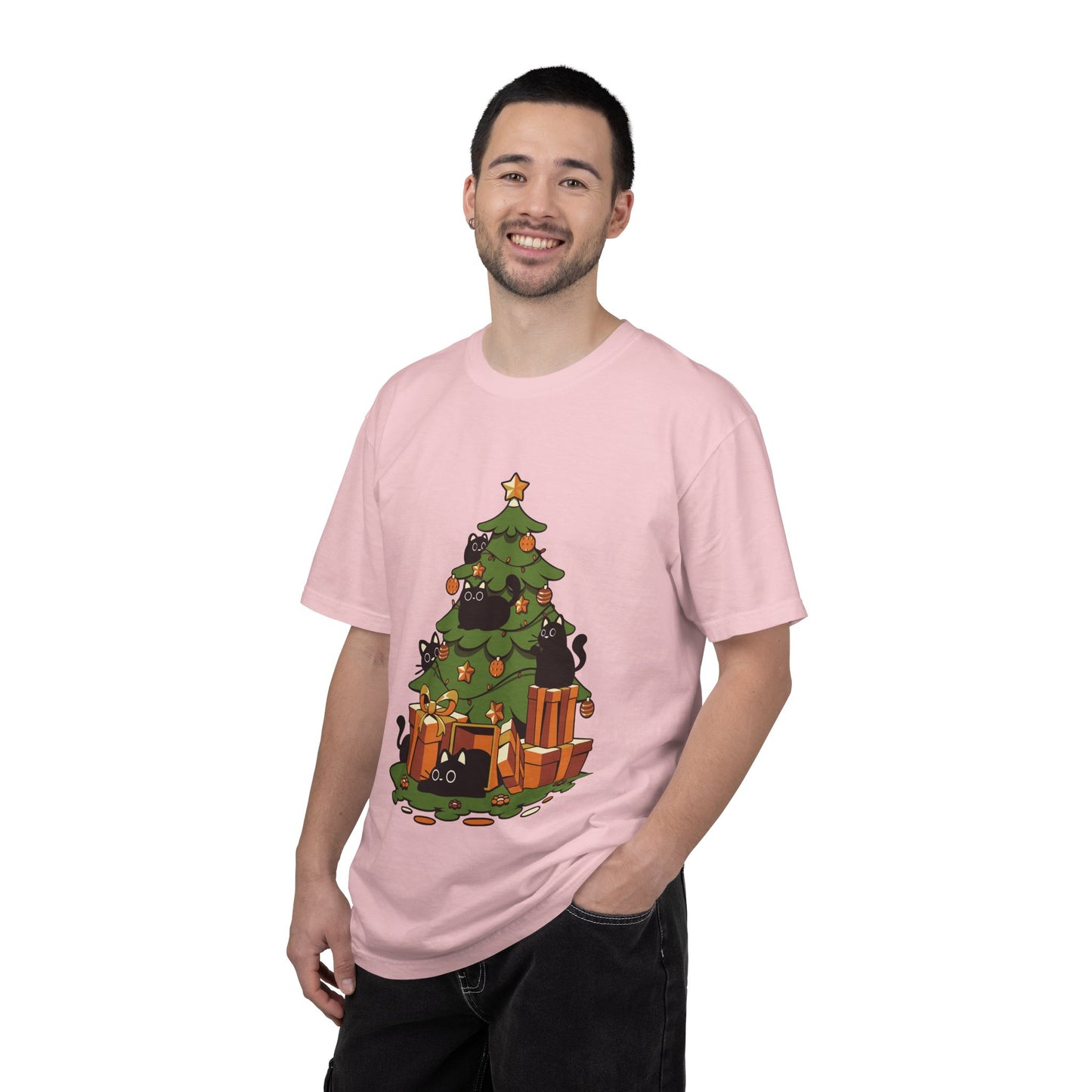 Christmas Cats T-Shirt — Cute Black Cats Tangled in Christmas Tree Holiday Tee Printify