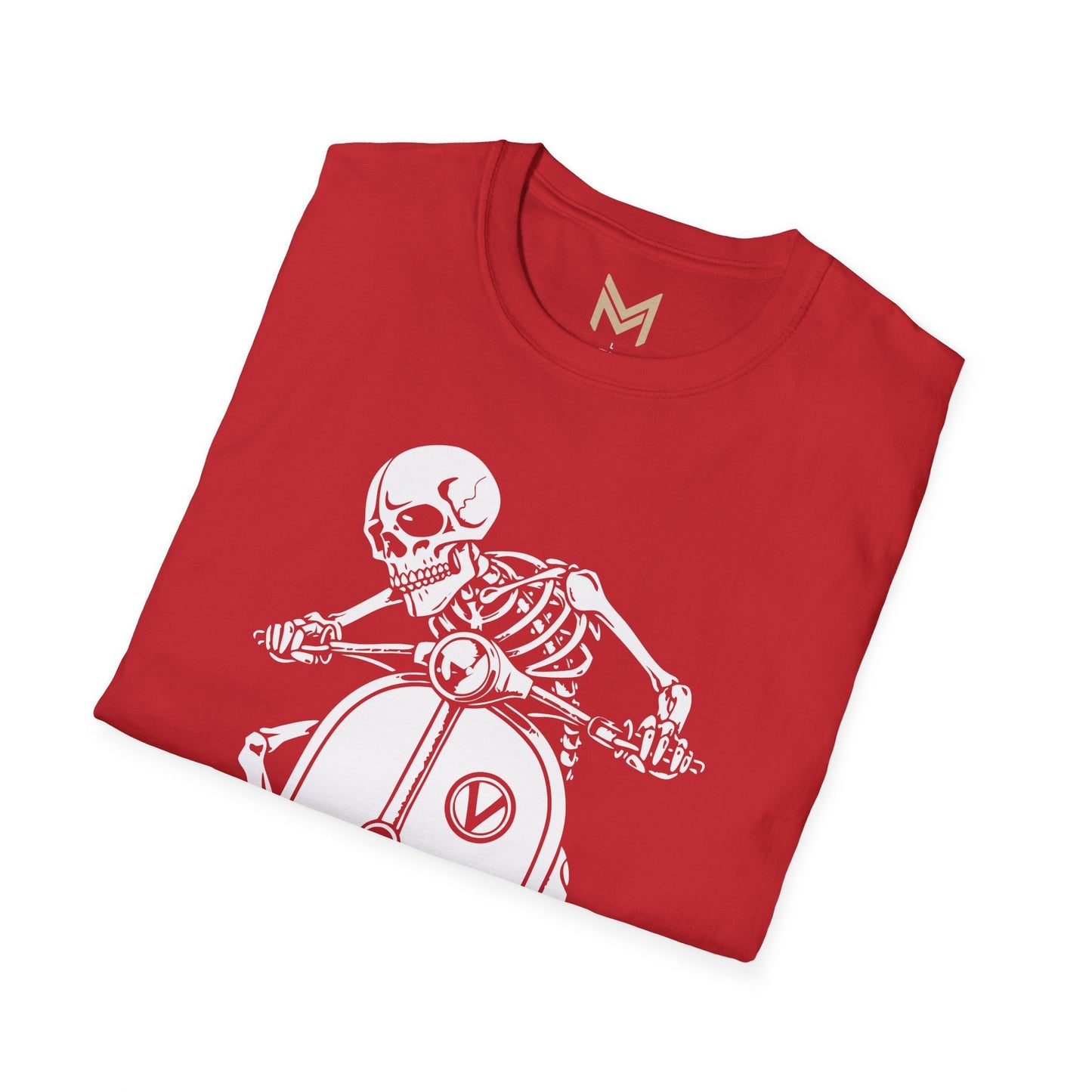 Skeleton Motorcycle T-Shirt | Unisex Softstyle Tee | Perfect for Halloween, Biker Events, Casual Wear, Festival Outfit, Gift Idea - Maklenn
