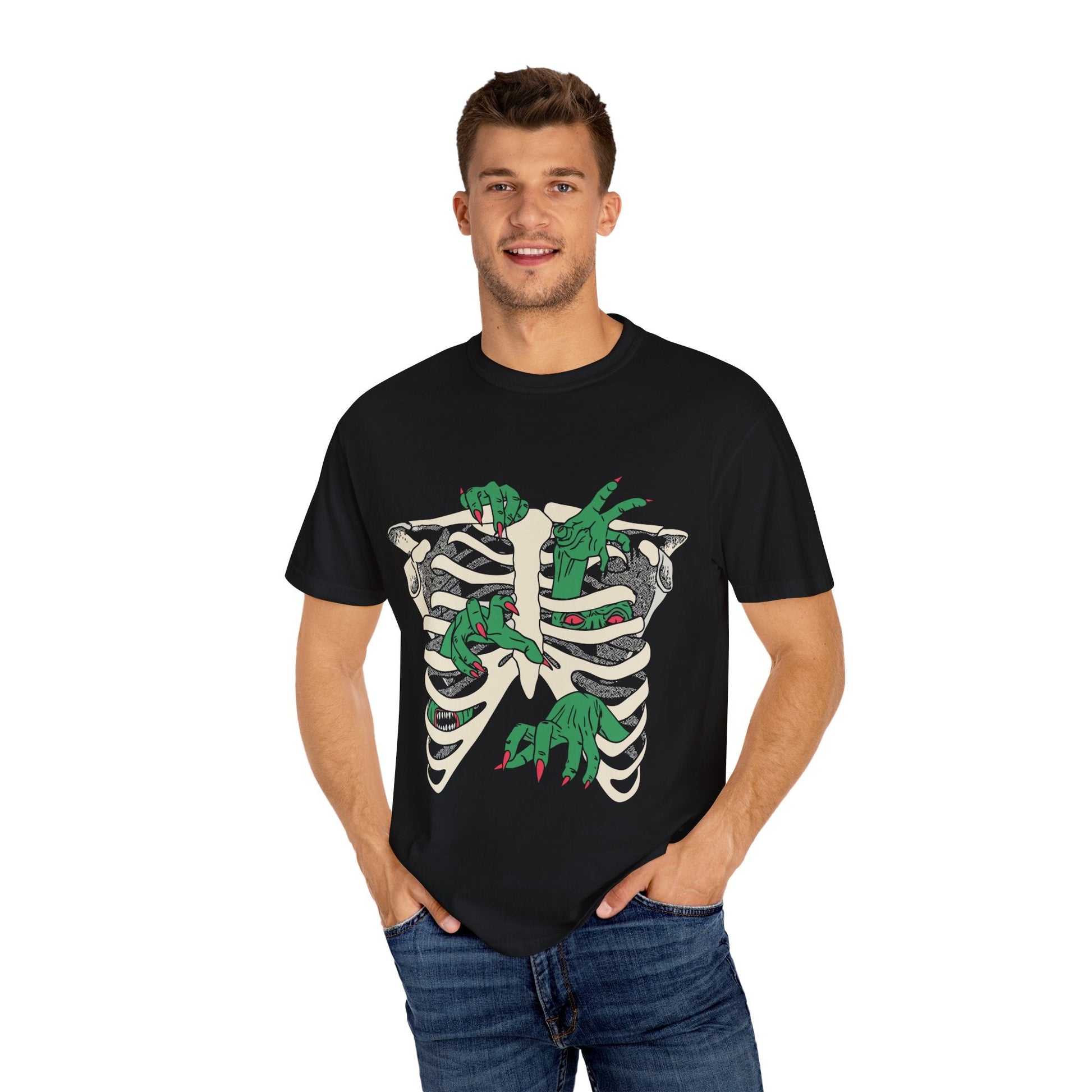 Skeleton Dino Unisex T-Shirt | Vintage Graphic Tee, Fun Gift, Casual Wear, Eco-Friendly Clothing, Halloween Apparel - Maklenn