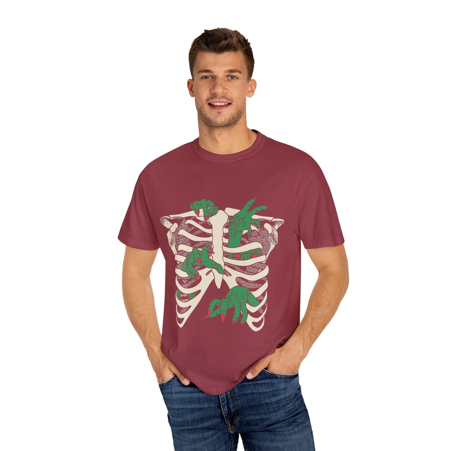 Skeleton Dino Unisex T-Shirt | Vintage Graphic Tee, Fun Gift, Casual Wear, Eco-Friendly Clothing, Halloween Apparel - Maklenn