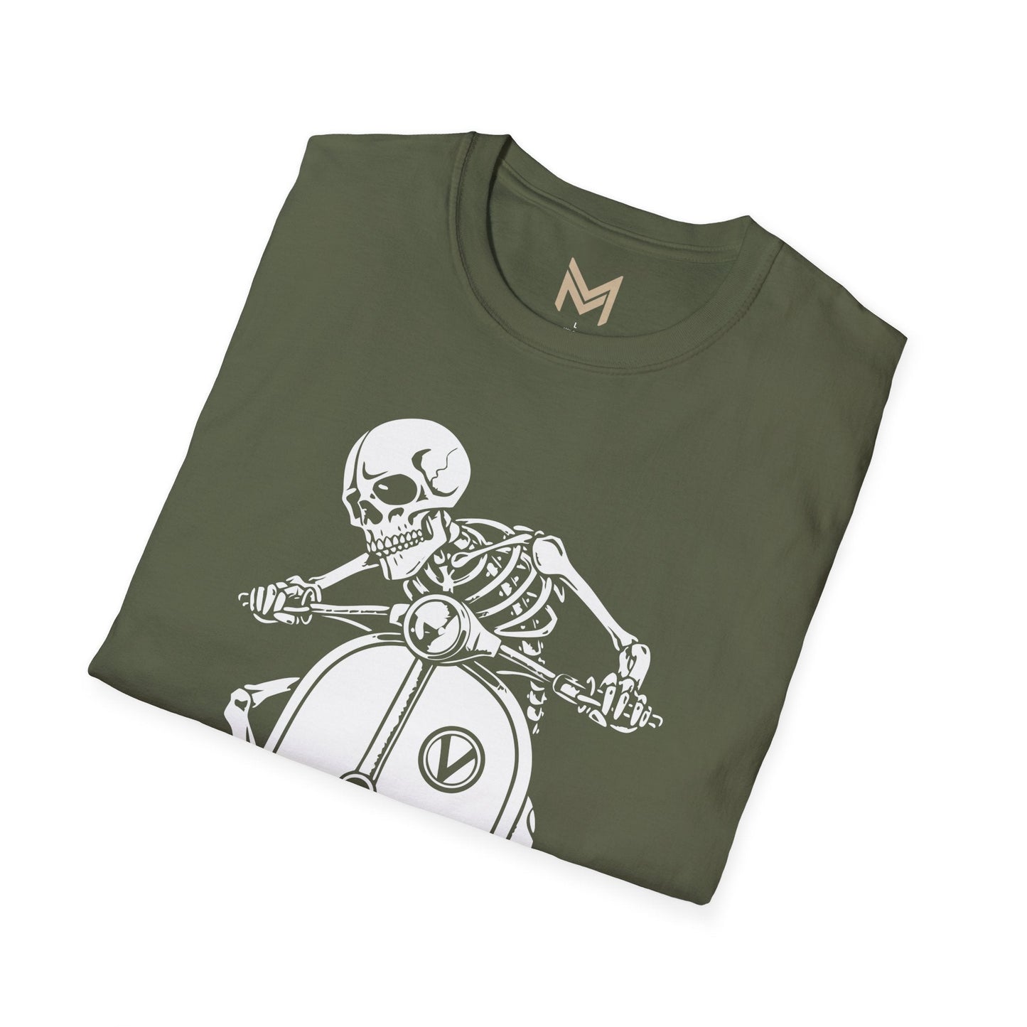 Skeleton Motorcycle T-Shirt | Unisex Softstyle Tee | Perfect for Halloween, Biker Events, Casual Wear, Festival Outfit, Gift Idea - Maklenn