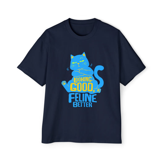 Men's Oversized Cat Tee - Looking Good, Feline Better, Cute Cat Shirt, Casual Fashion, Gift for Cat Lovers, Comfortable Summer Top - Maklenn
