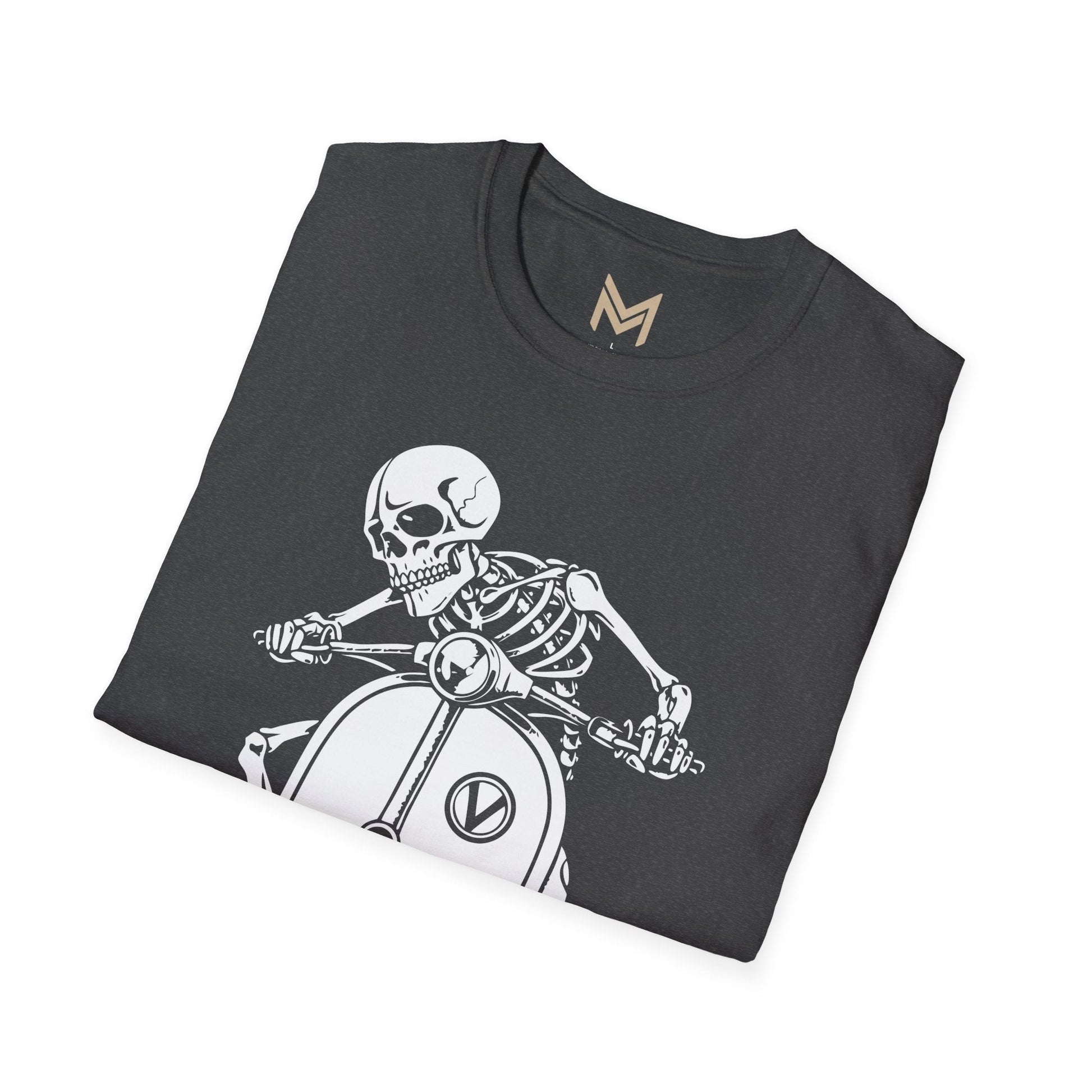 Skeleton Motorcycle T-Shirt | Unisex Softstyle Tee | Perfect for Halloween, Biker Events, Casual Wear, Festival Outfit, Gift Idea - Maklenn