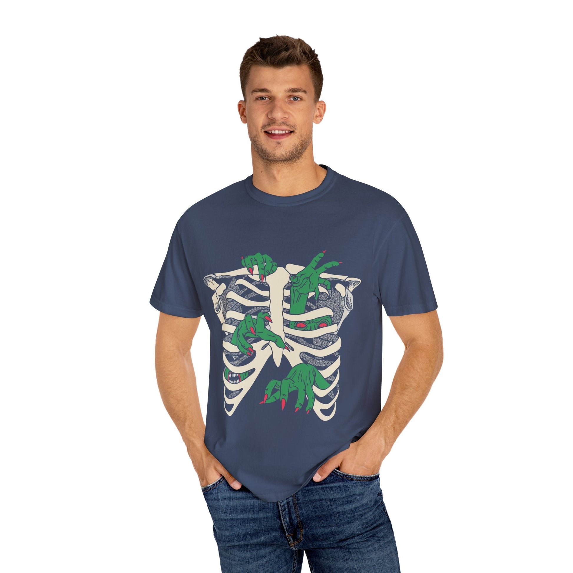 Skeleton Dino Unisex T-Shirt | Vintage Graphic Tee, Fun Gift, Casual Wear, Eco-Friendly Clothing, Halloween Apparel - Maklenn