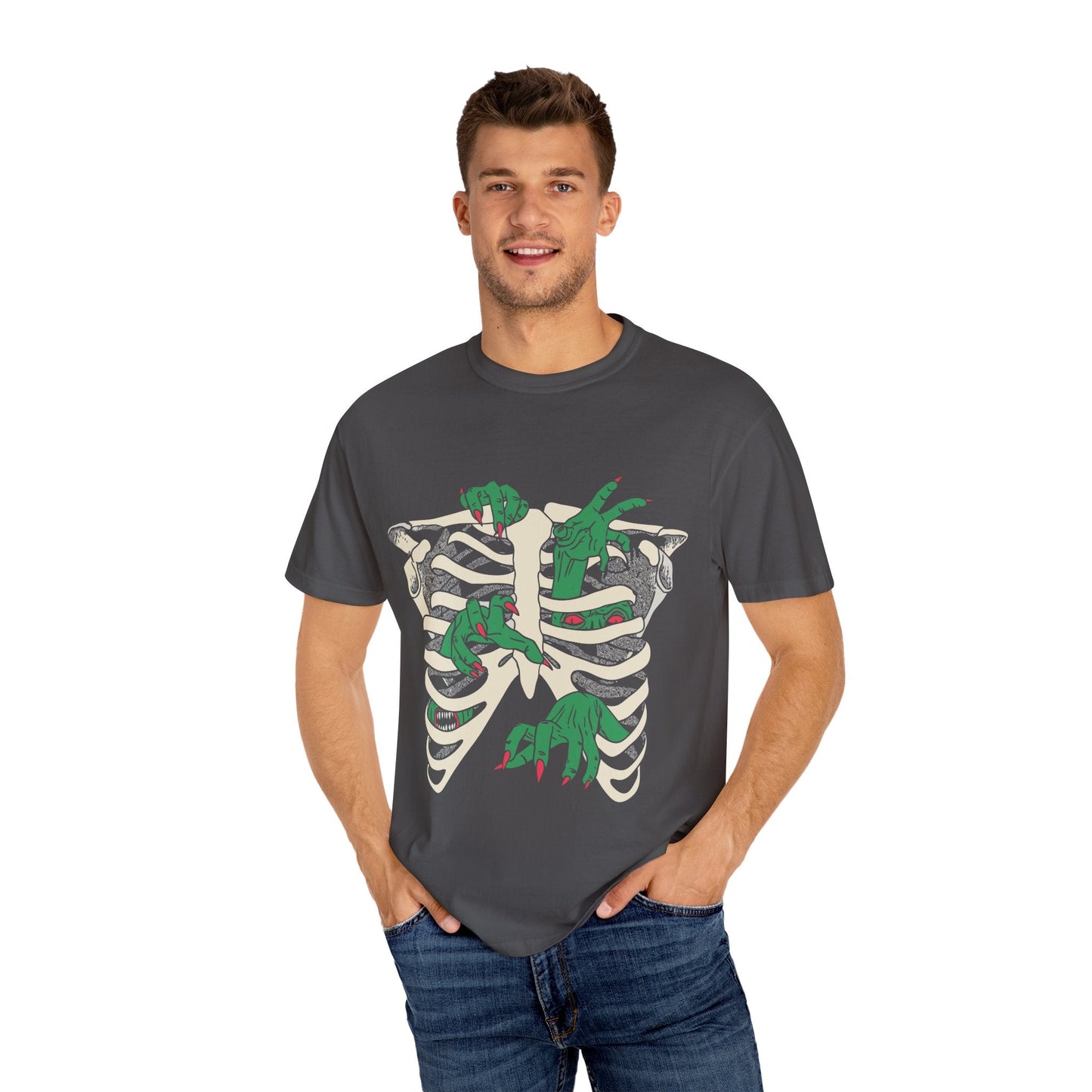 Skeleton Dino Unisex T-Shirt | Vintage Graphic Tee, Fun Gift, Casual Wear, Eco-Friendly Clothing, Halloween Apparel - Maklenn