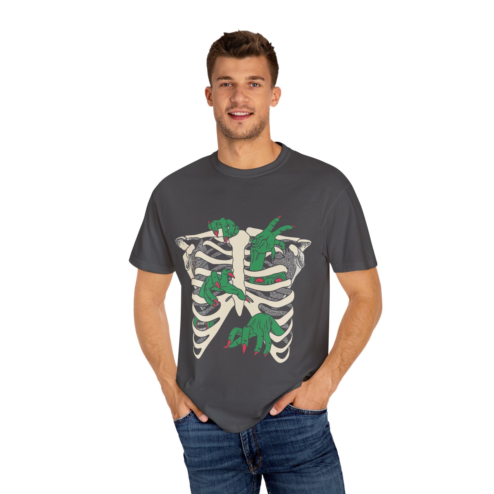 Skeleton Dino Unisex T-Shirt | Vintage Graphic Tee, Fun Gift, Casual Wear, Eco-Friendly Clothing, Halloween Apparel - Maklenn