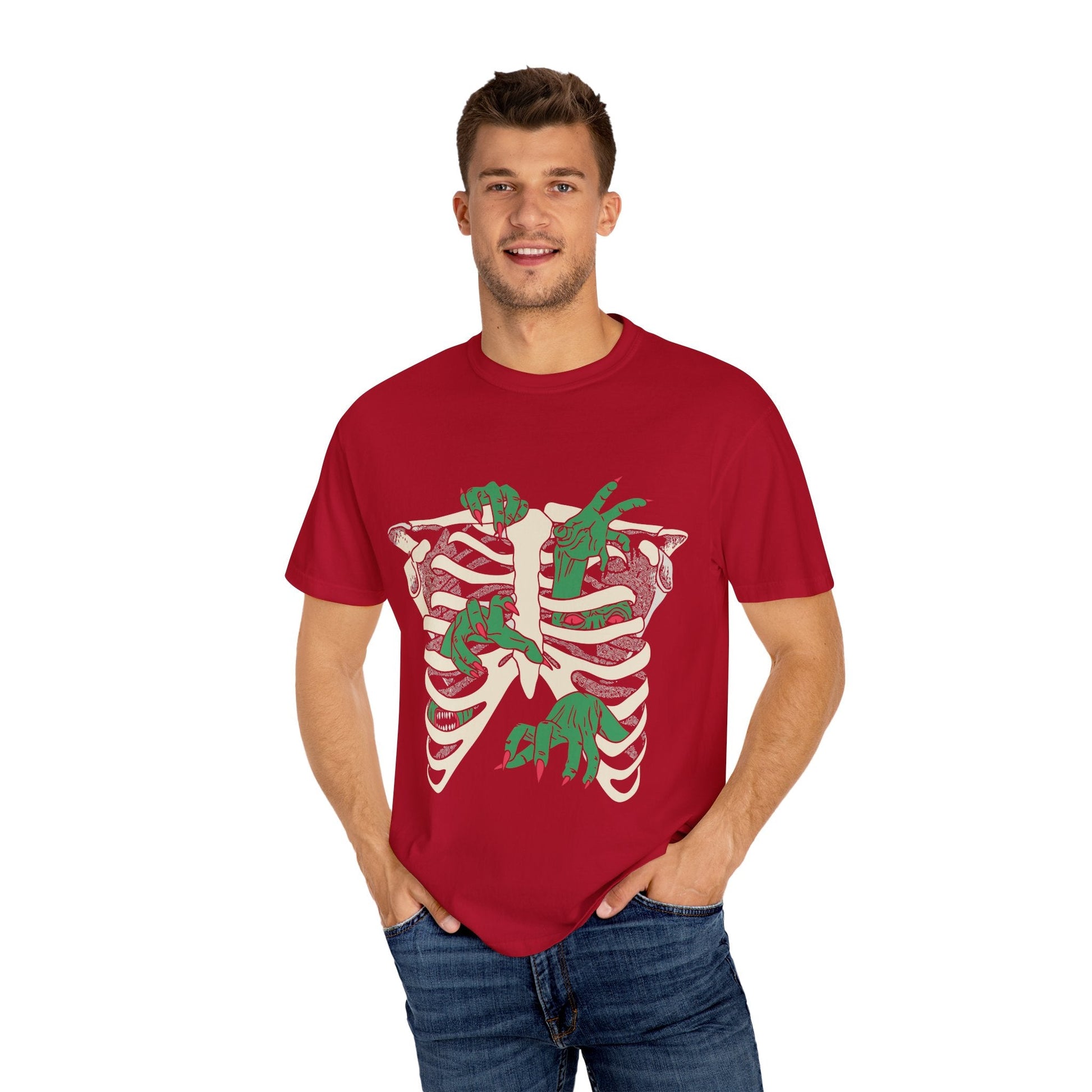 Skeleton Dino Unisex T-Shirt | Vintage Graphic Tee, Fun Gift, Casual Wear, Eco-Friendly Clothing, Halloween Apparel - Maklenn