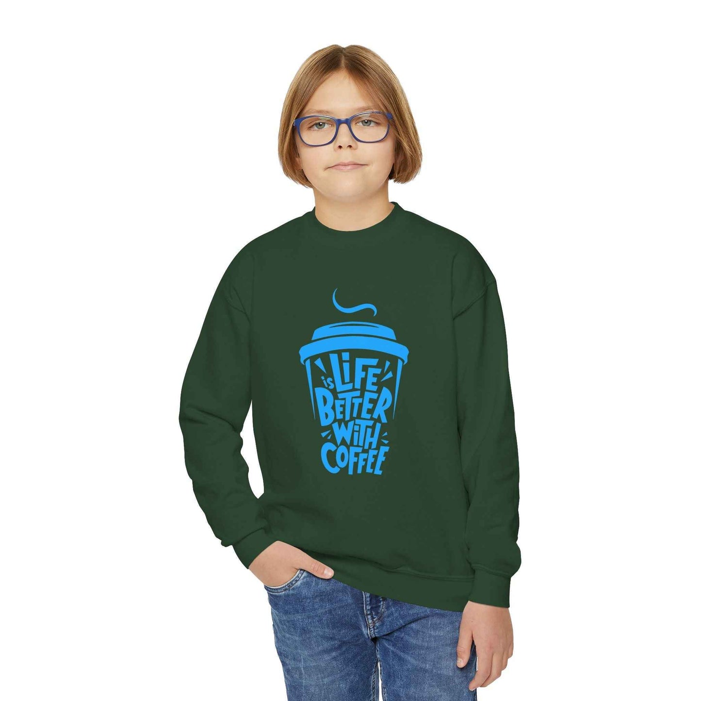 Youth Crewneck Sweatshirt - Life is Better with Coffee - Cozy Gift for Coffee Lovers, Trendy Kids Fashion, Casual Wear, Everyday Comfort