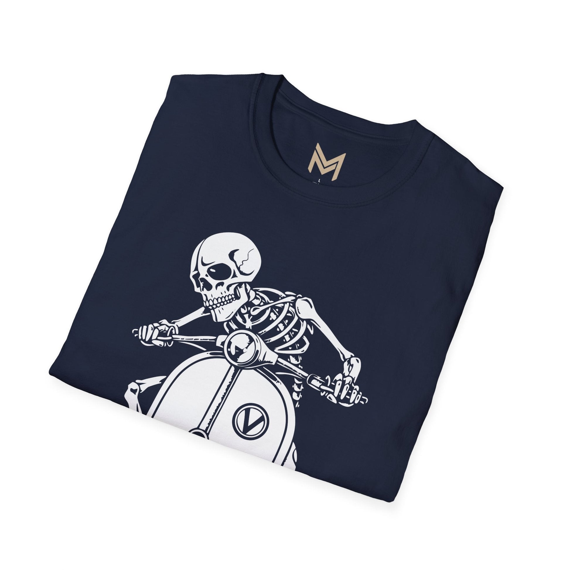 Skeleton Motorcycle T-Shirt | Unisex Softstyle Tee | Perfect for Halloween, Biker Events, Casual Wear, Festival Outfit, Gift Idea - Maklenn
