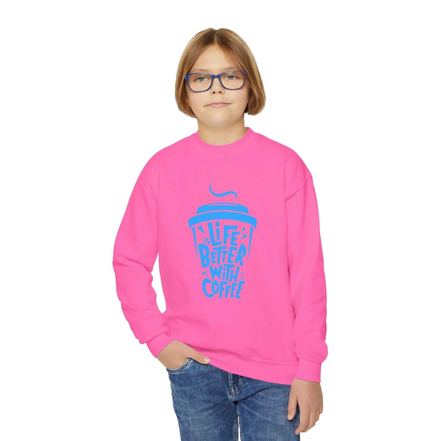 Youth Crewneck Sweatshirt - Life is Better with Coffee - Cozy Gift for Coffee Lovers, Trendy Kids Fashion, Casual Wear, Everyday Comfort