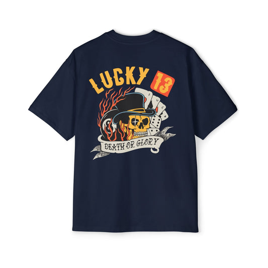 Men's Oversized Graphic Tee - Lucky 13 Skull Design, Casual Streetwear, Gift for Him, Cool T-Shirt, Vintage Style - Maklenn