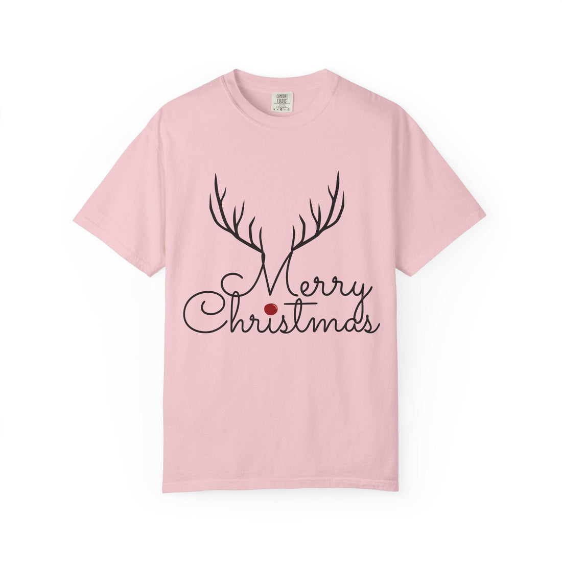 Cozy Pink Christmas T‑Shirt with Reindeer Antlers – Cute Festive Graphic Tee for Women