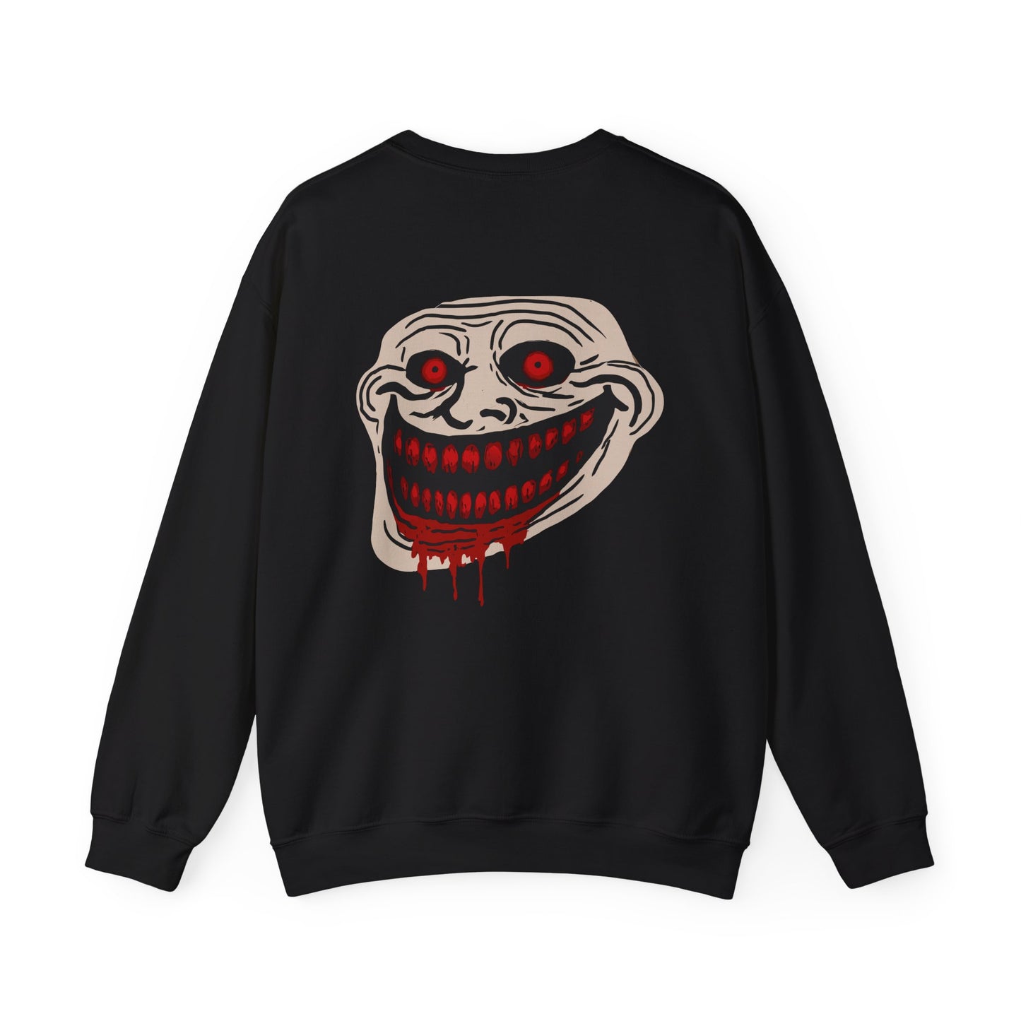 Creepy Grinning Face Crewneck Sweatshirt — Horror Graphic Pullover Printify