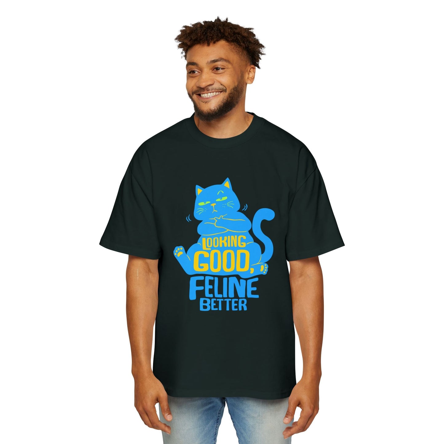 Men's Oversized Cat Tee - Looking Good, Feline Better, Cute Cat Shirt, Casual Fashion, Gift for Cat Lovers, Comfortable Summer Top - Maklenn