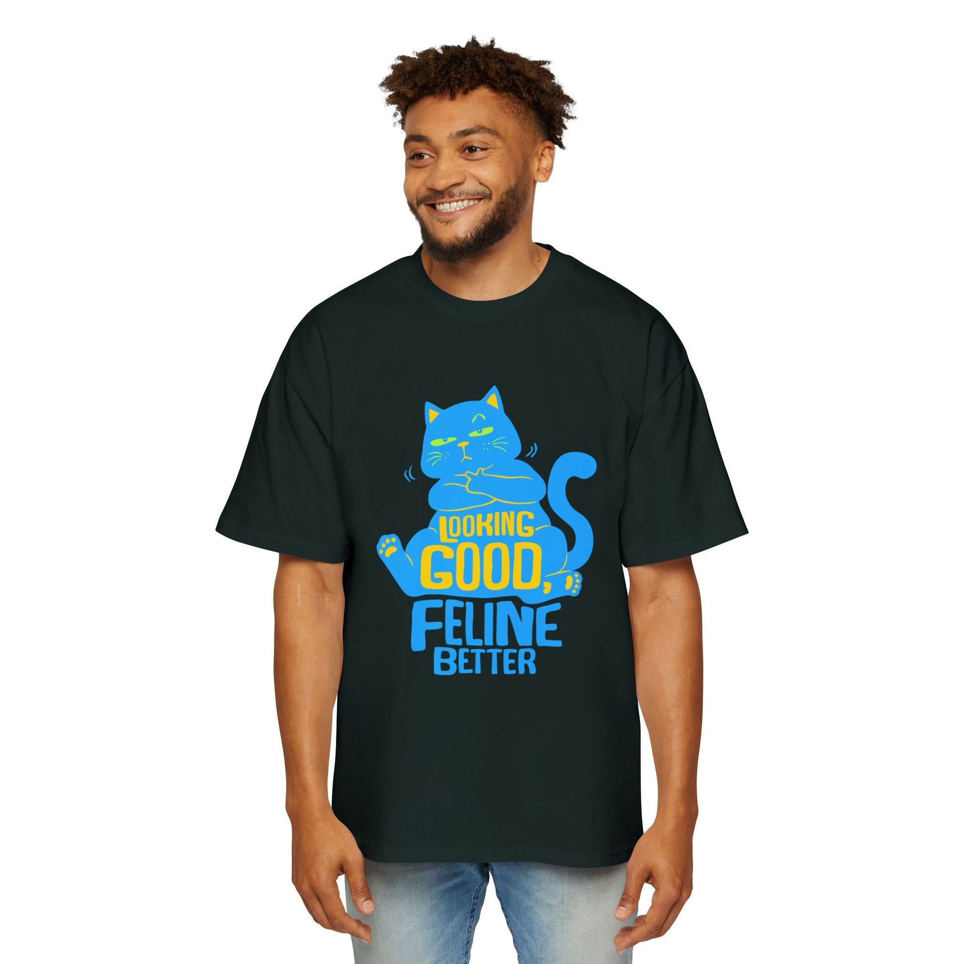 Men's Oversized Cat Tee - Looking Good, Feline Better, Cute Cat Shirt, Casual Fashion, Gift for Cat Lovers, Comfortable Summer Top - Maklenn