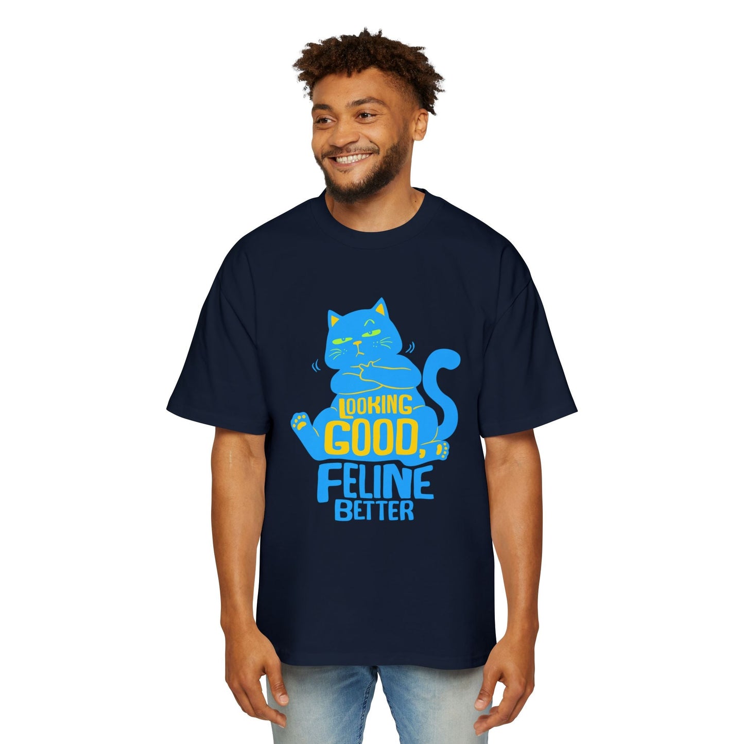 Men's Oversized Cat Tee - Looking Good, Feline Better, Cute Cat Shirt, Casual Fashion, Gift for Cat Lovers, Comfortable Summer Top - Maklenn
