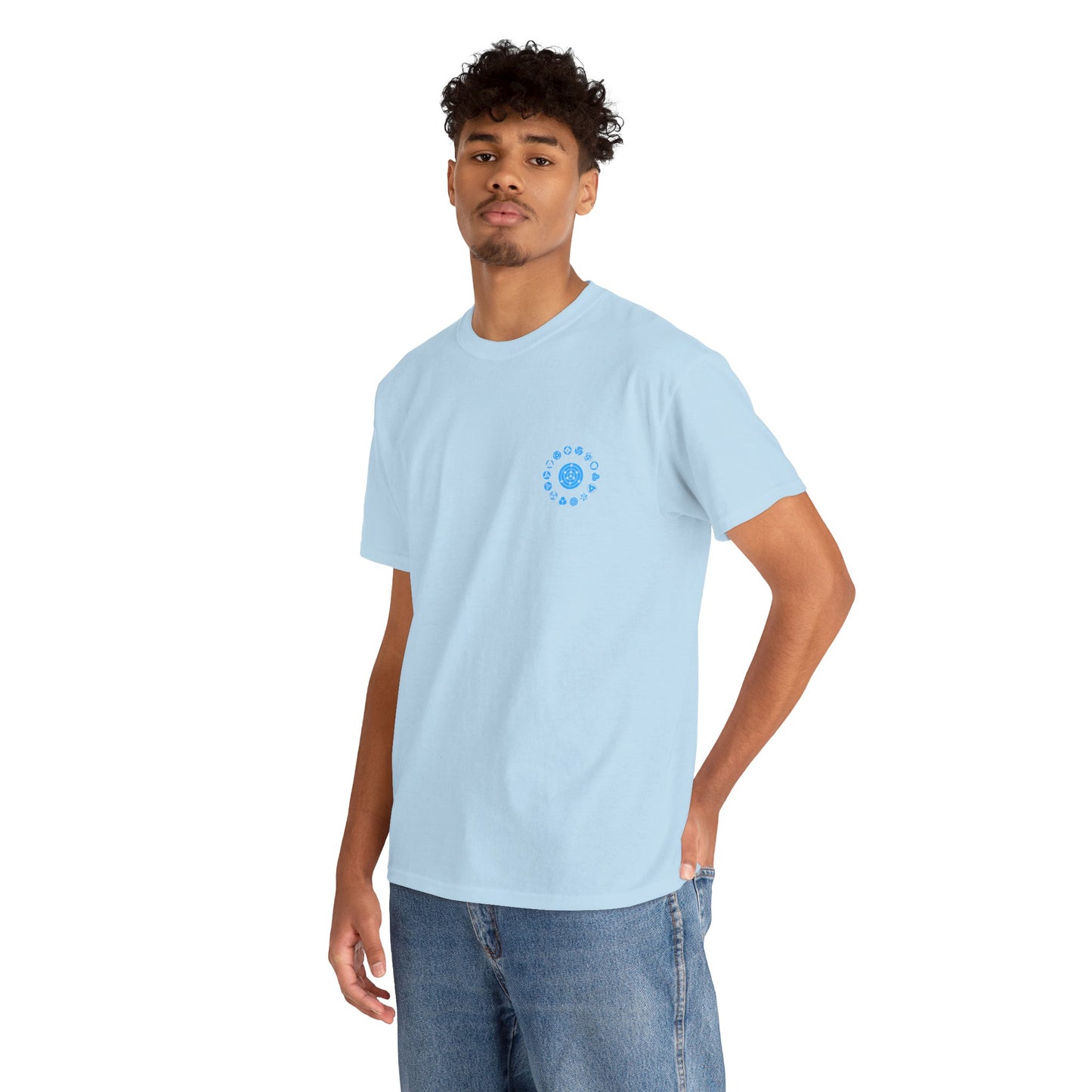 Anime Character Graphic Tee — Blue-Haired Manga Hero Back Print