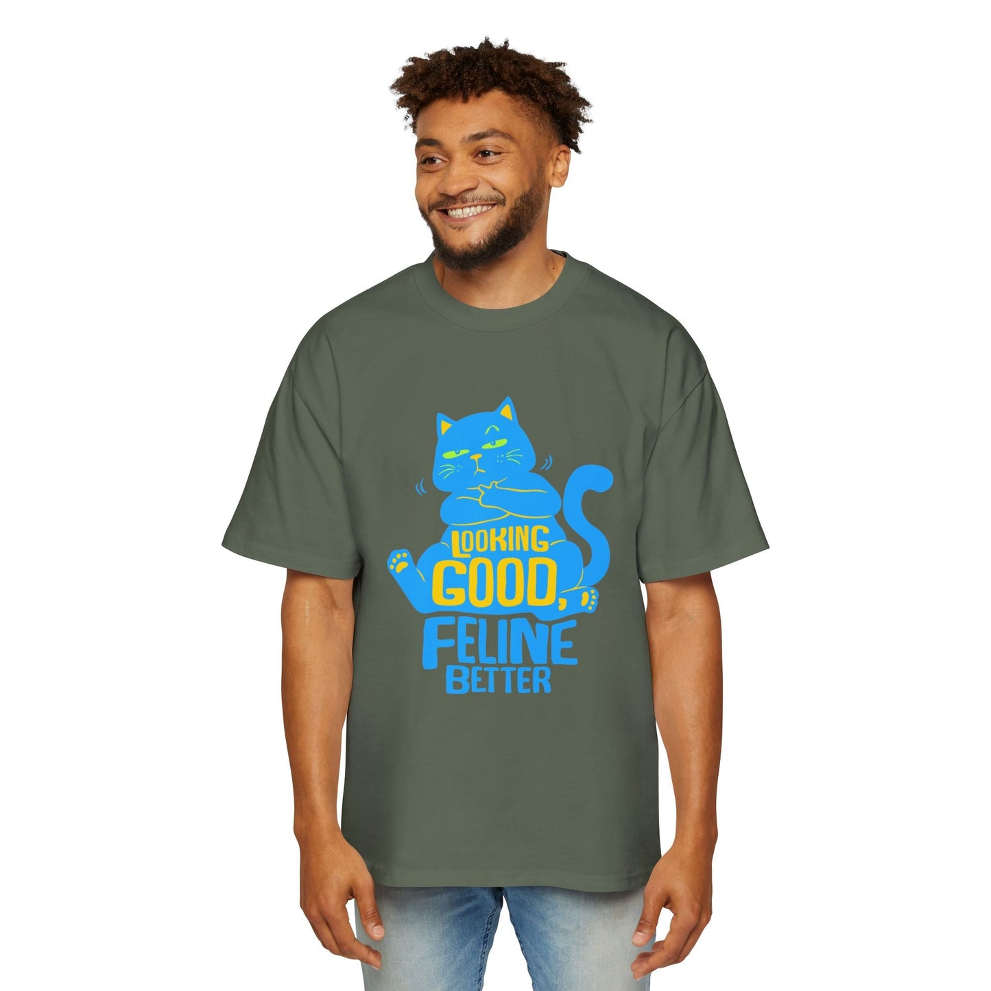 Men's Oversized Cat Tee - Looking Good, Feline Better, Cute Cat Shirt, Casual Fashion, Gift for Cat Lovers, Comfortable Summer Top - Maklenn