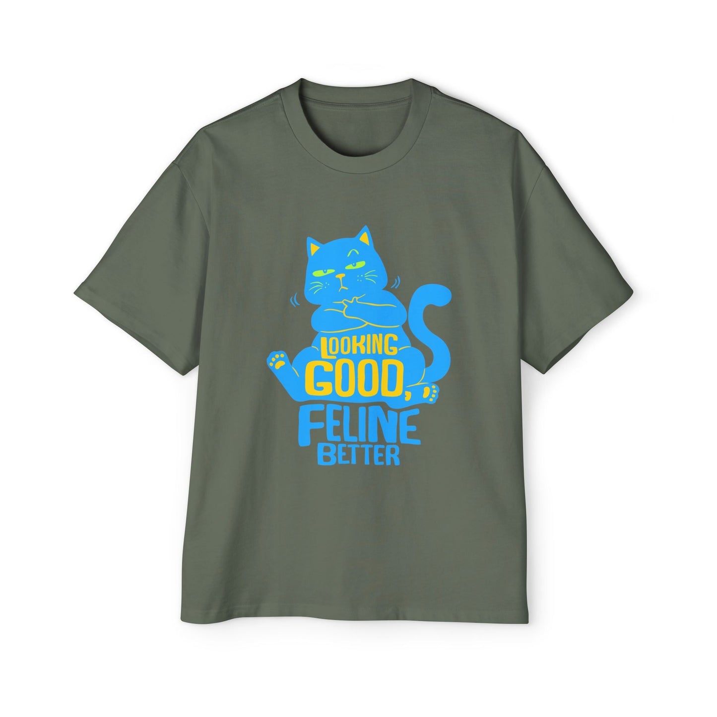 Men's Oversized Cat Tee - Looking Good, Feline Better, Cute Cat Shirt, Casual Fashion, Gift for Cat Lovers, Comfortable Summer Top - Maklenn