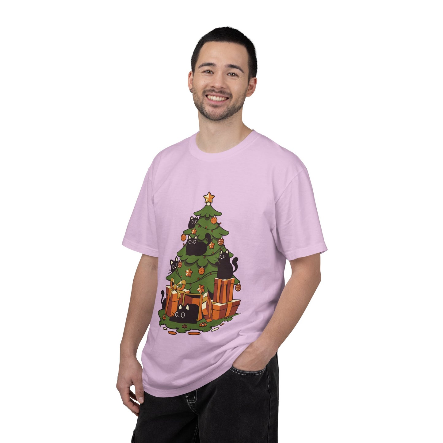 Christmas Cats T-Shirt — Cute Black Cats Tangled in Christmas Tree Holiday Tee Printify