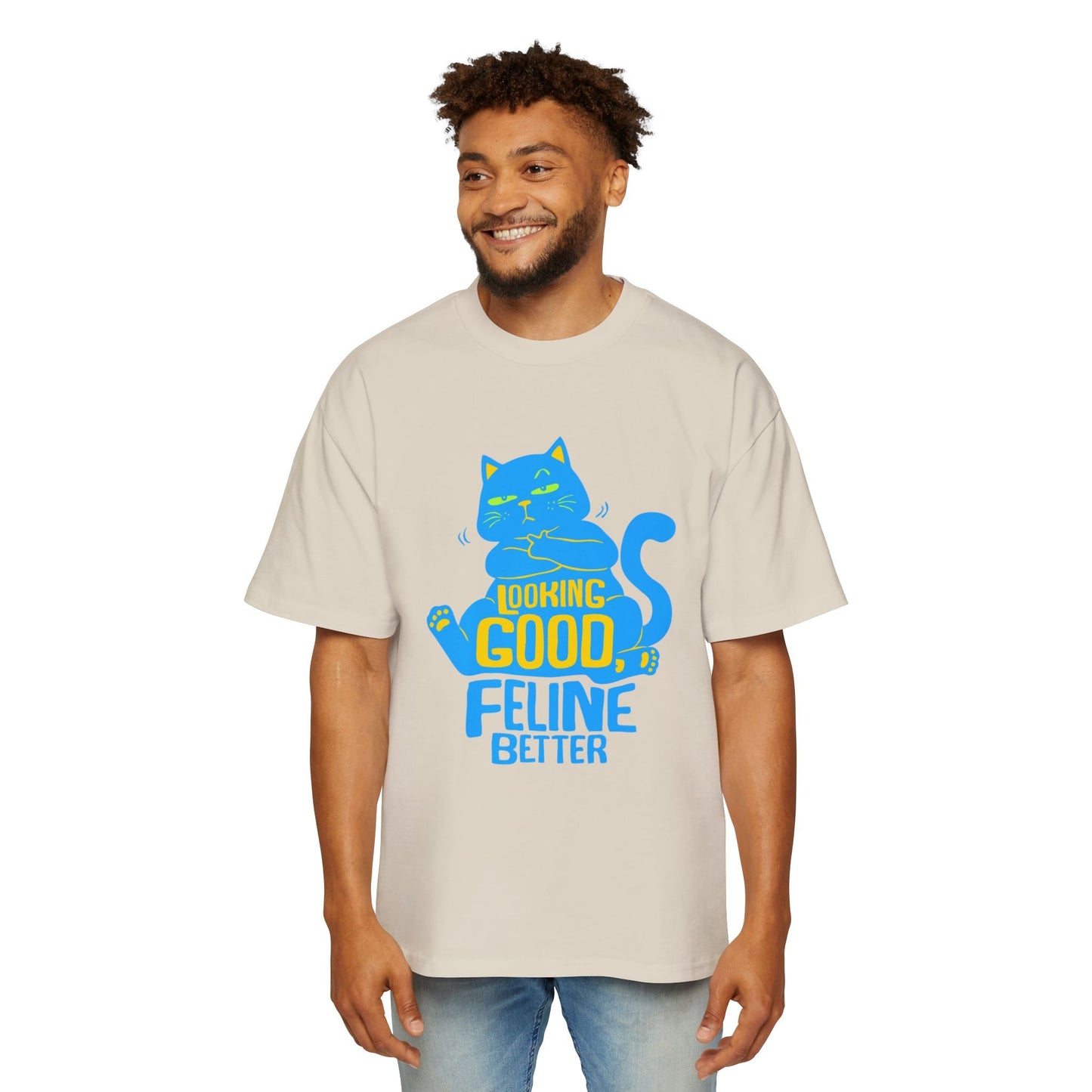 Men's Oversized Cat Tee - Looking Good, Feline Better, Cute Cat Shirt, Casual Fashion, Gift for Cat Lovers, Comfortable Summer Top - Maklenn