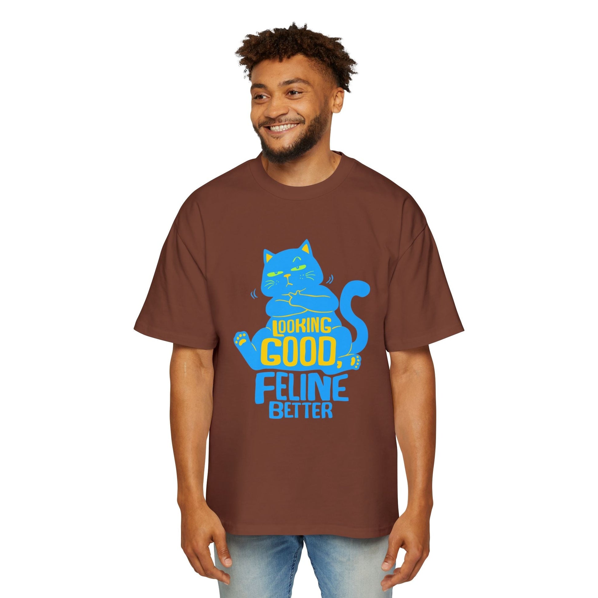 Men's Oversized Cat Tee - Looking Good, Feline Better, Cute Cat Shirt, Casual Fashion, Gift for Cat Lovers, Comfortable Summer Top - Maklenn