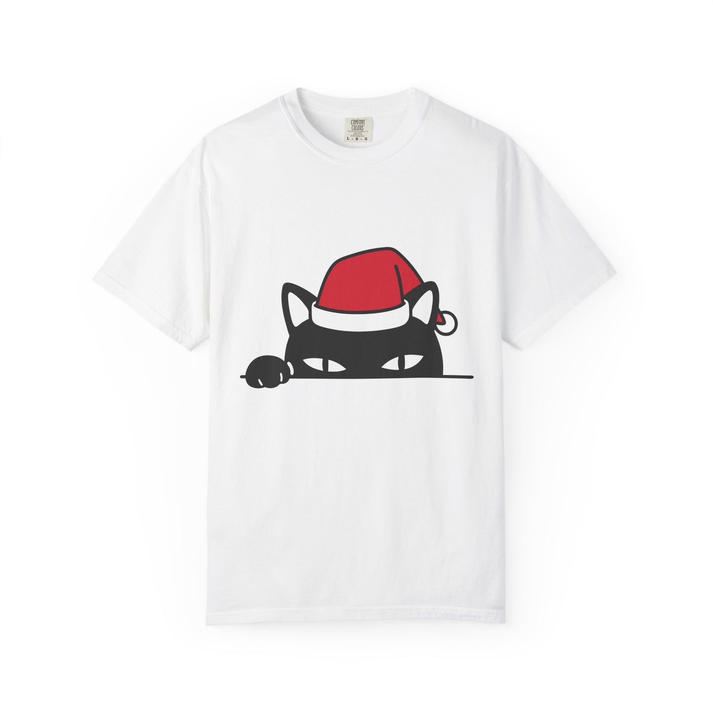 Peeking Black Cat Christmas T-Shirt — Santa Hat Holiday Tee Printify