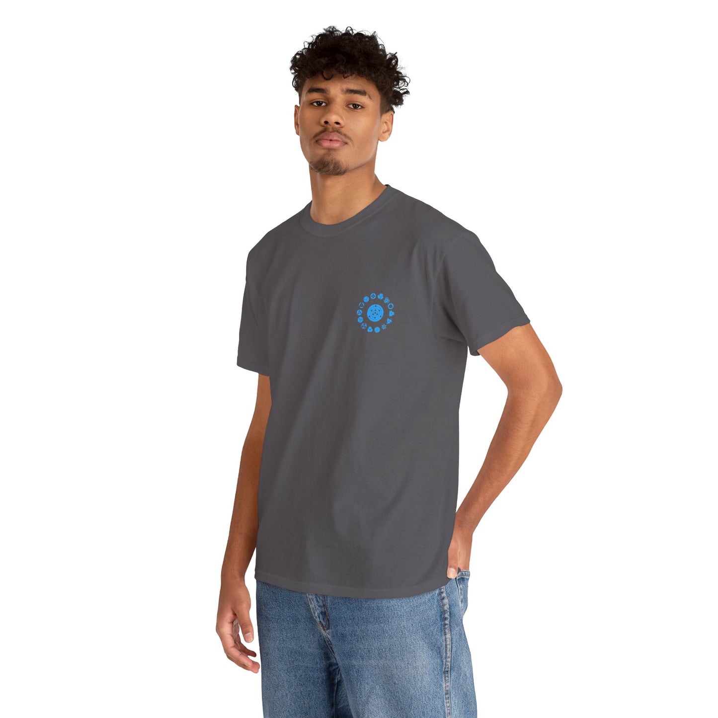 Anime Character Graphic Tee — Blue-Haired Manga Hero Back Print