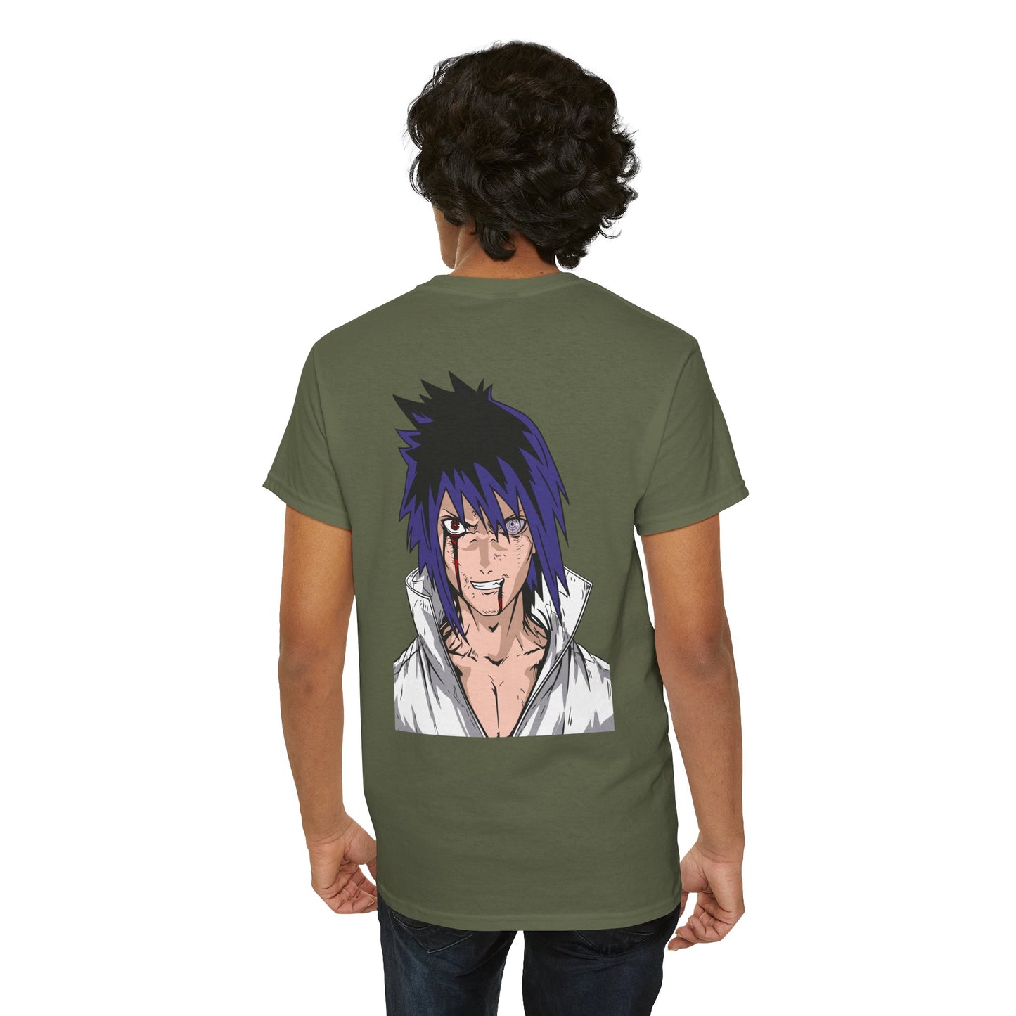 Anime Character Graphic Tee — Blue-Haired Manga Hero Back Print