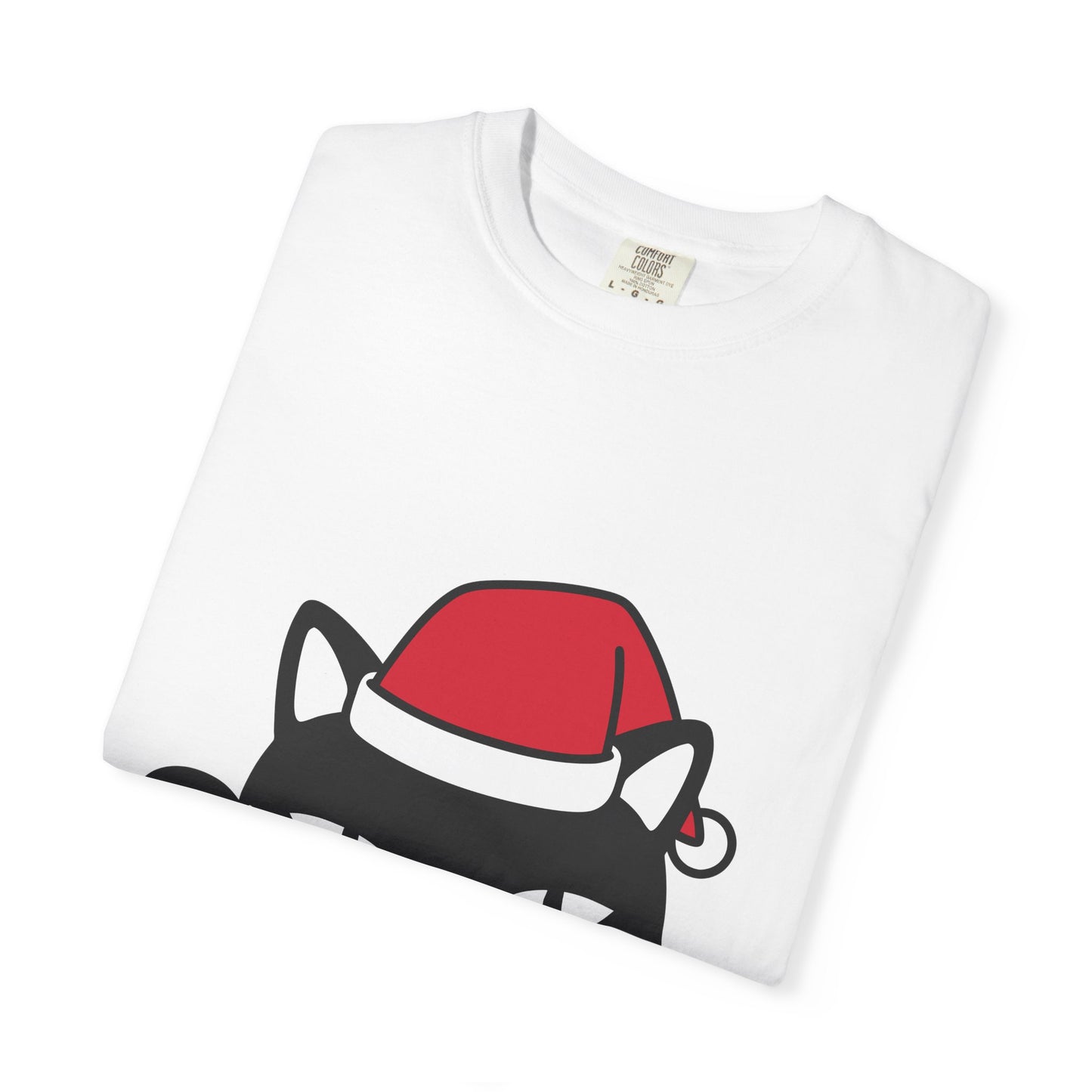 Peeking Black Cat Christmas T-Shirt — Santa Hat Holiday Tee Printify