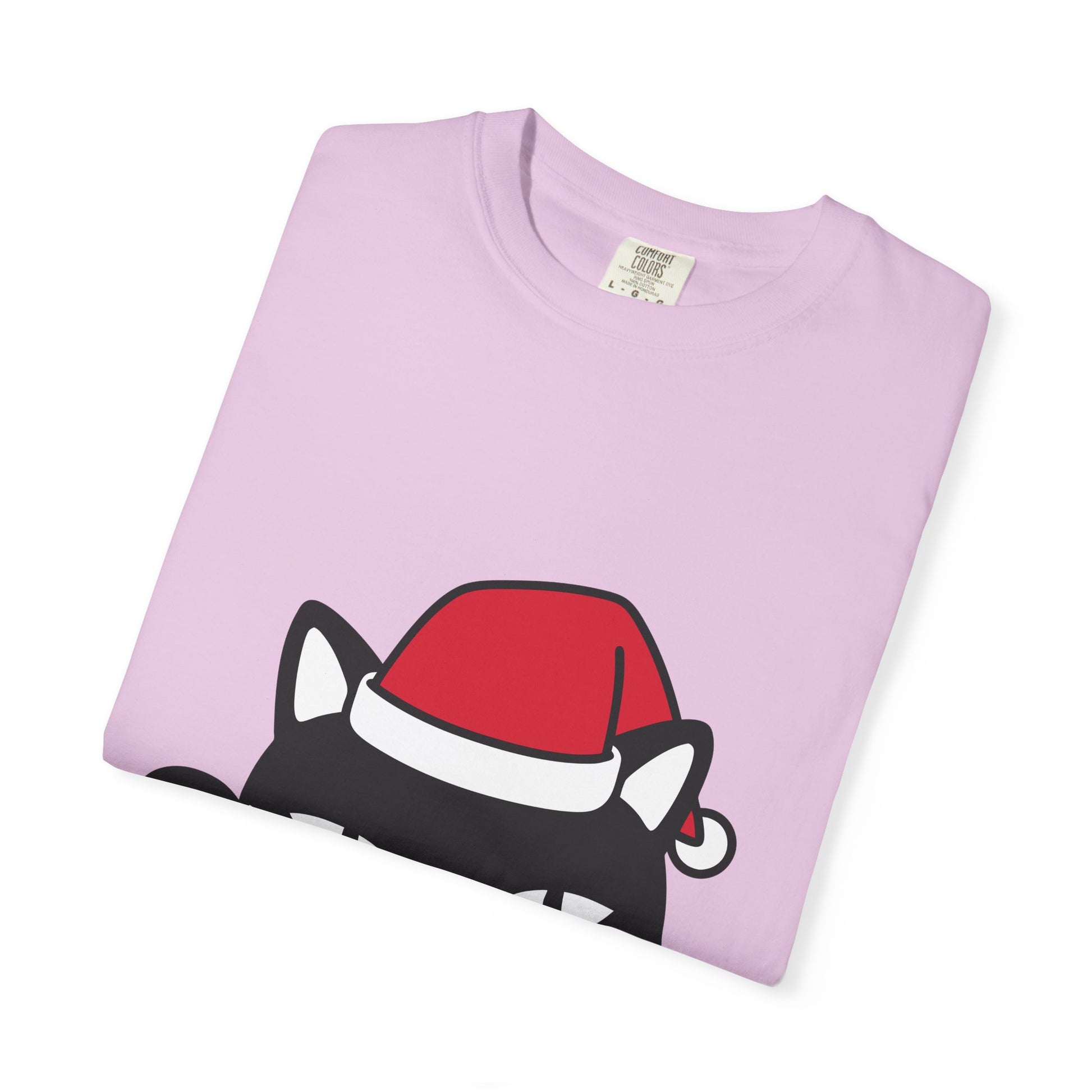 Peeking Black Cat Christmas T-Shirt — Santa Hat Holiday Tee Printify