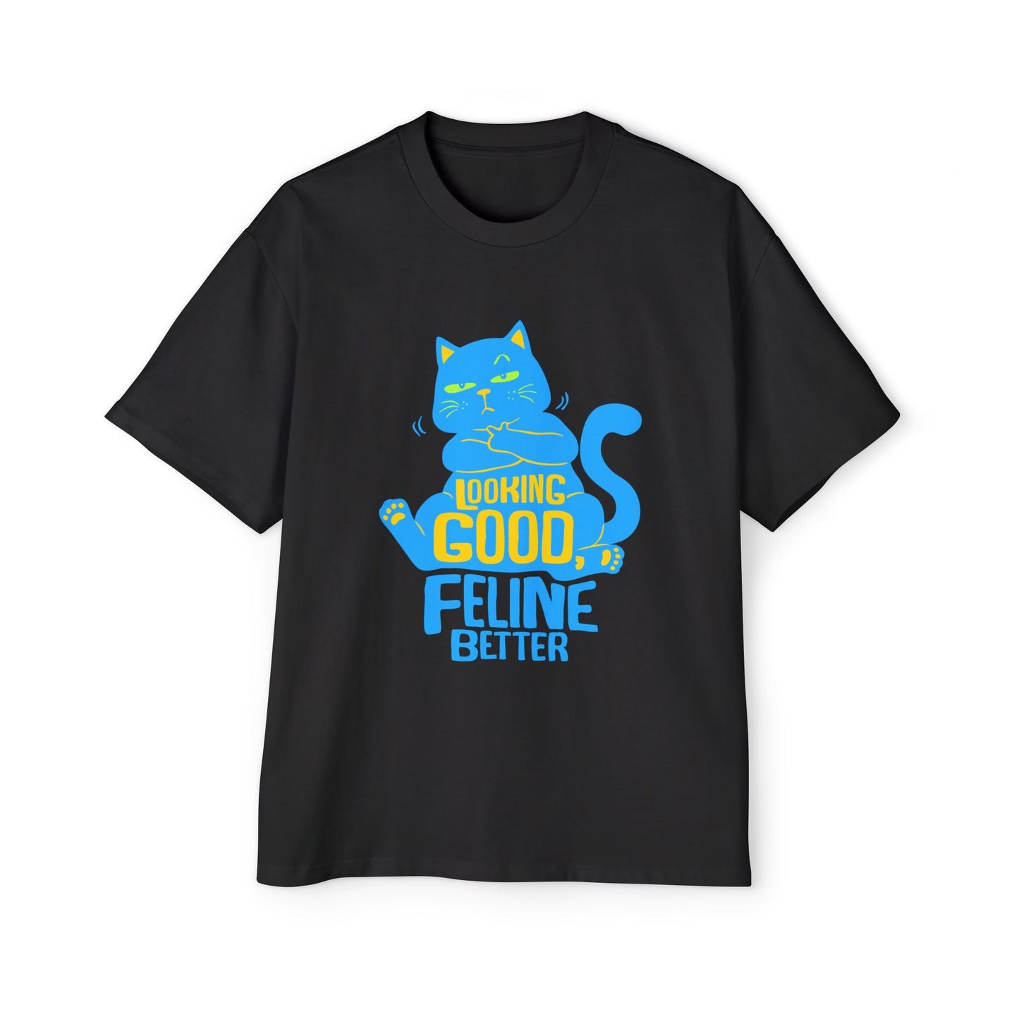Men's Oversized Cat Tee - Looking Good, Feline Better, Cute Cat Shirt, Casual Fashion, Gift for Cat Lovers, Comfortable Summer Top - Maklenn