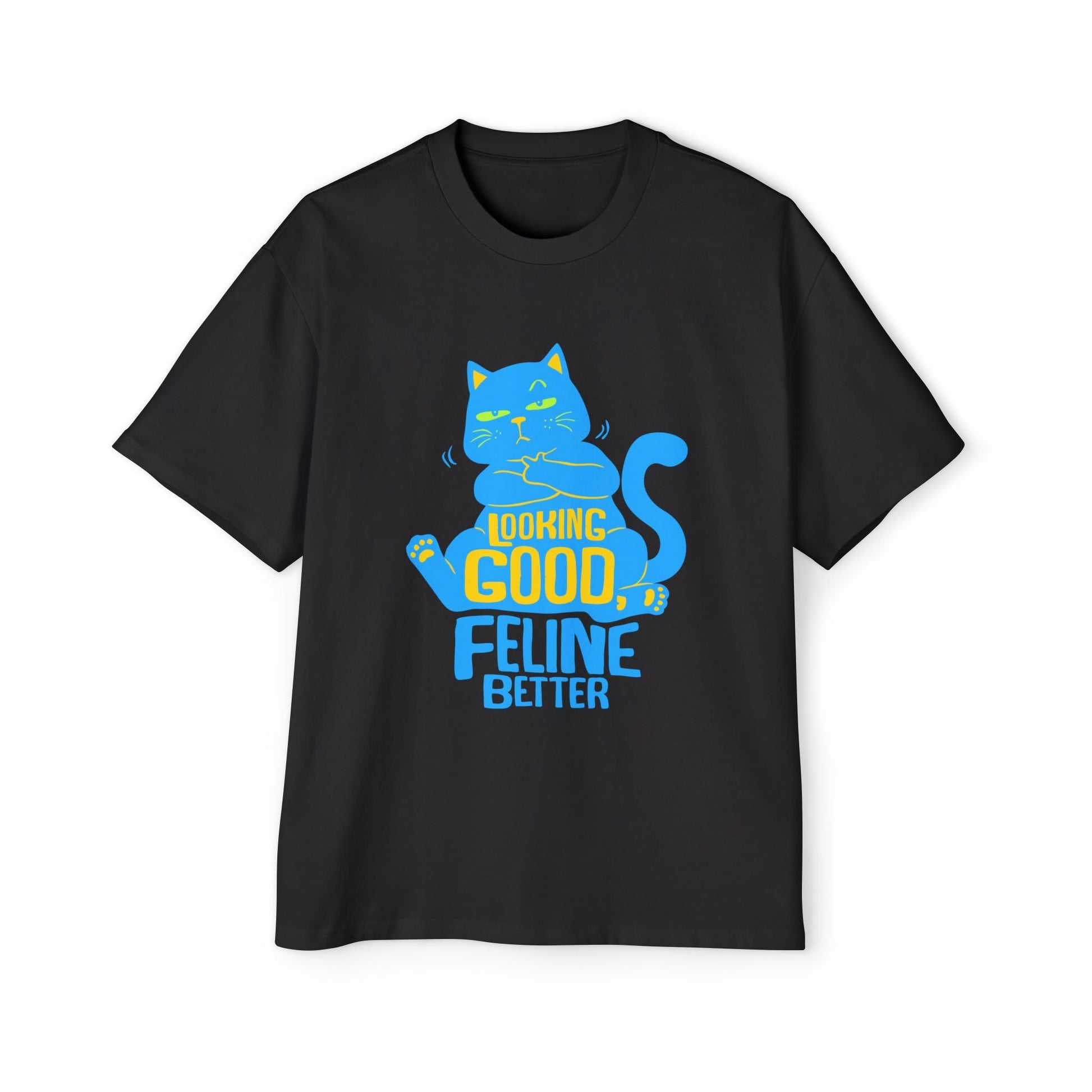 Men's Oversized Cat Tee - Looking Good, Feline Better, Cute Cat Shirt, Casual Fashion, Gift for Cat Lovers, Comfortable Summer Top - Maklenn