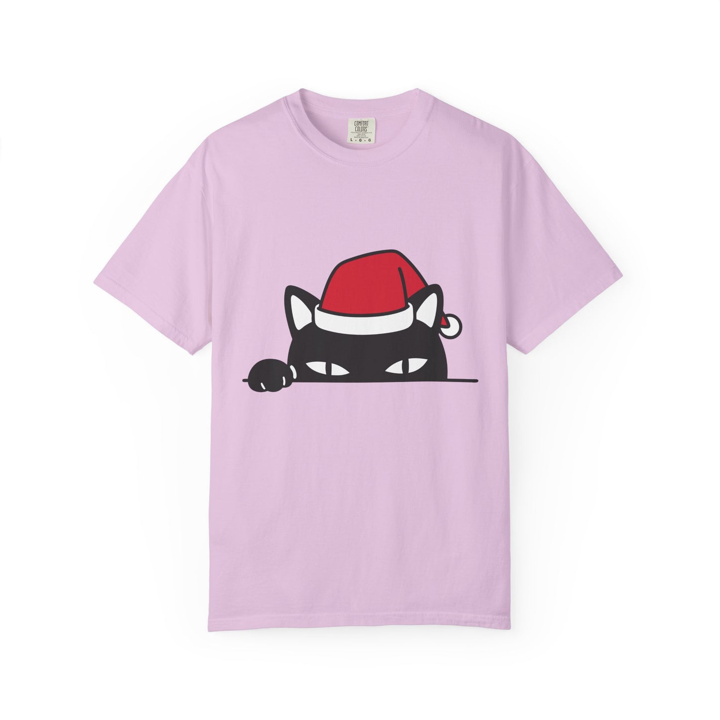 Peeking Black Cat Christmas T-Shirt — Santa Hat Holiday Tee Printify