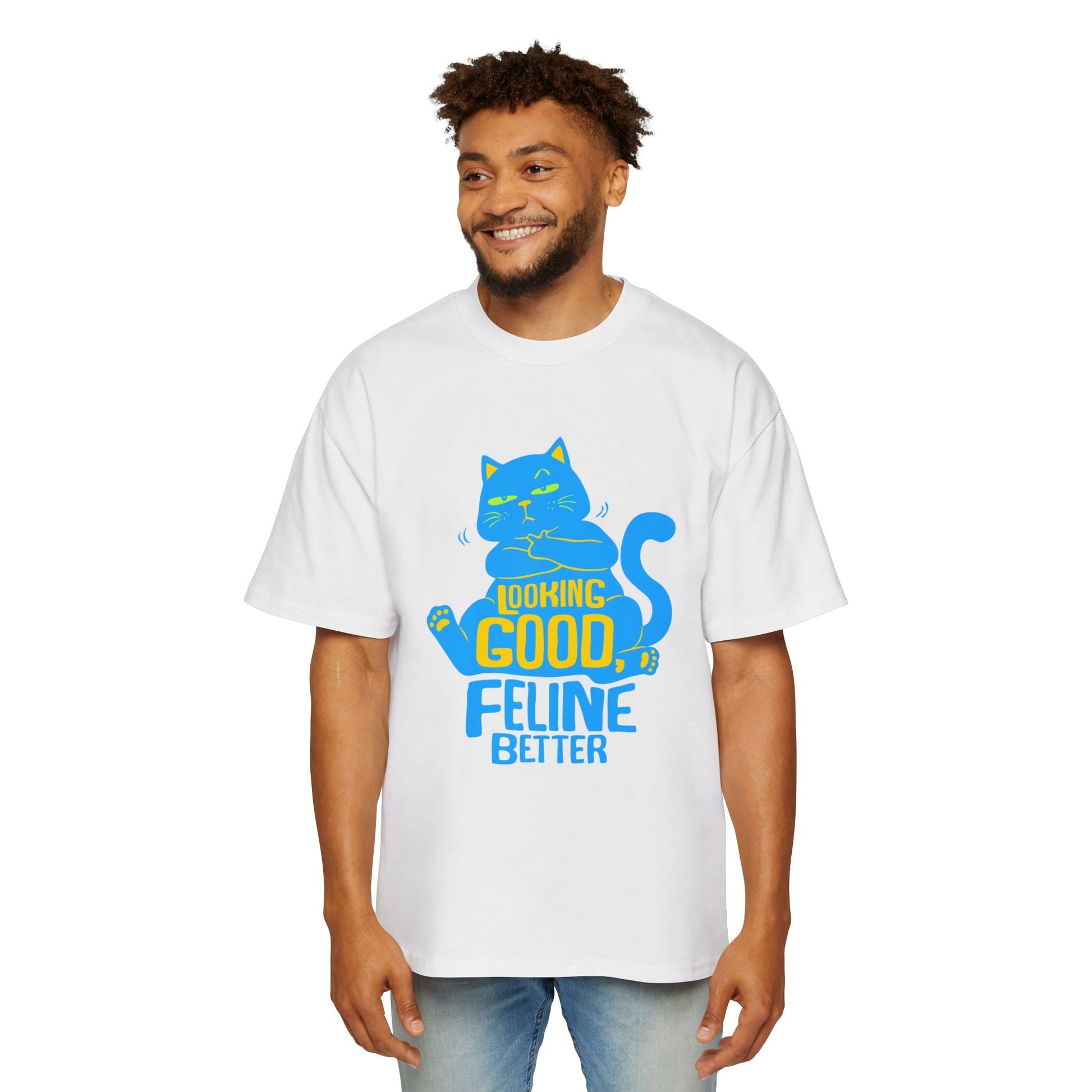 Men's Oversized Cat Tee - Looking Good, Feline Better, Cute Cat Shirt, Casual Fashion, Gift for Cat Lovers, Comfortable Summer Top - Maklenn