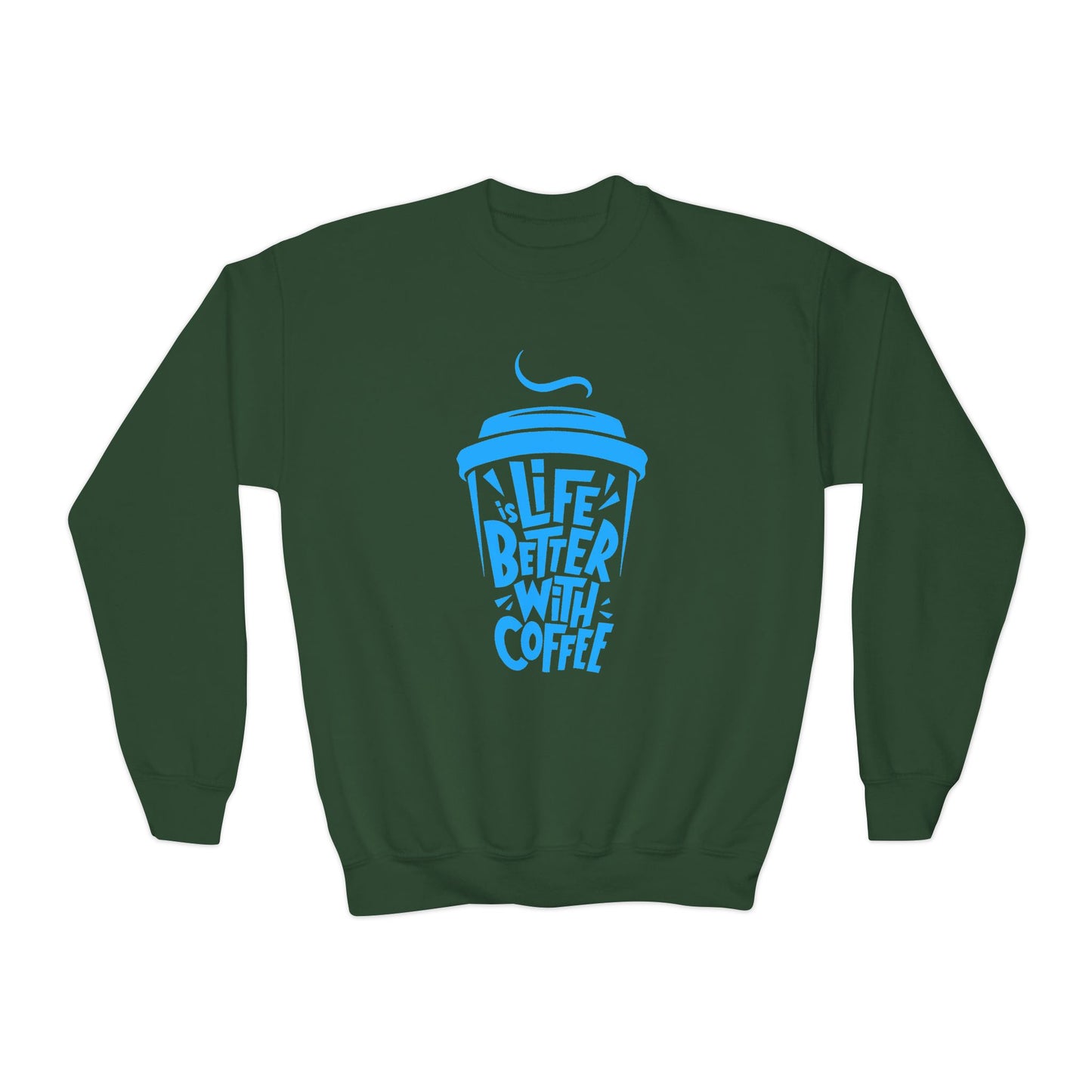 Youth Crewneck Sweatshirt - Life is Better with Coffee - Cozy Gift for Coffee Lovers, Trendy Kids Fashion, Casual Wear, Everyday Comfort Printify
