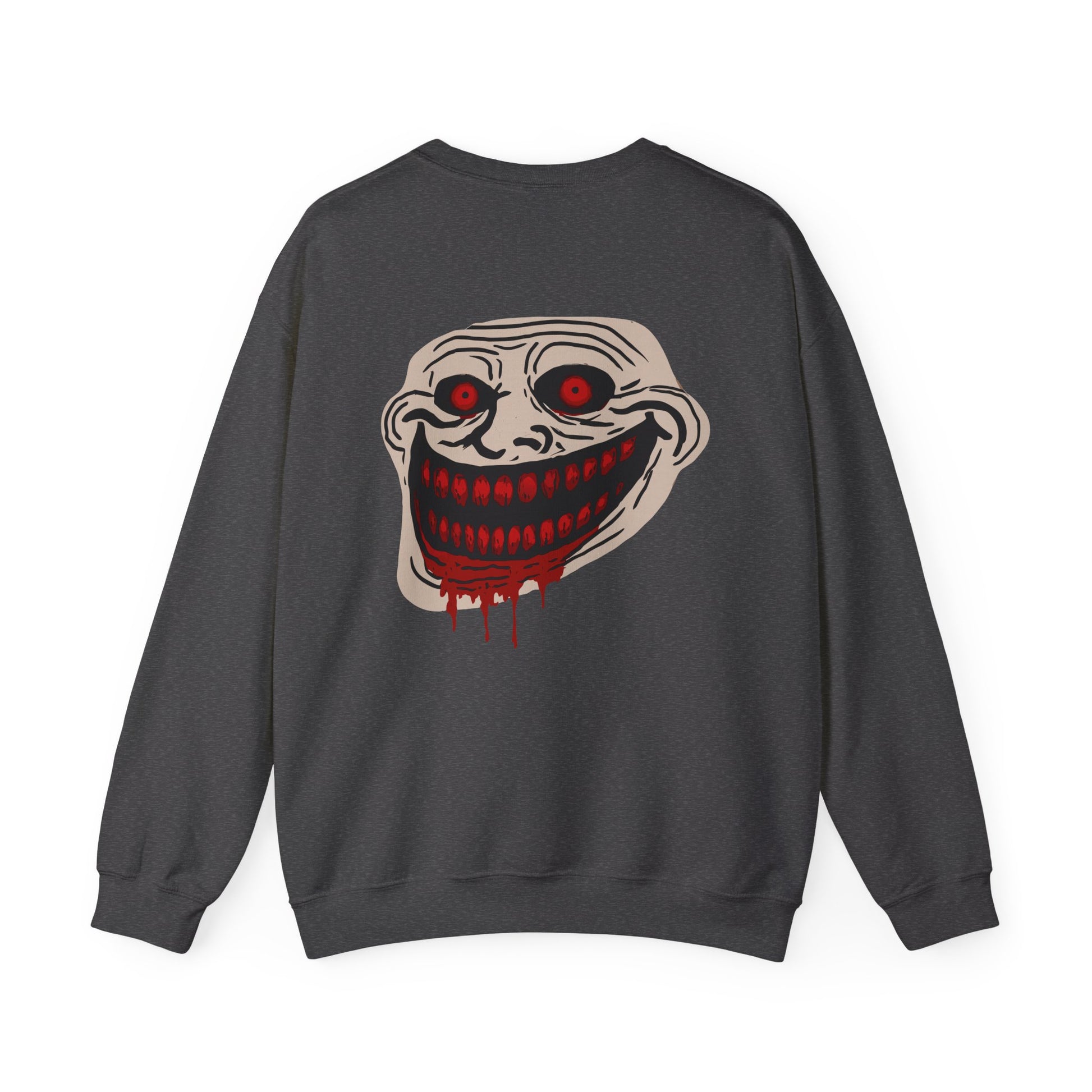 Creepy Grinning Face Crewneck Sweatshirt — Horror Graphic Pullover Printify