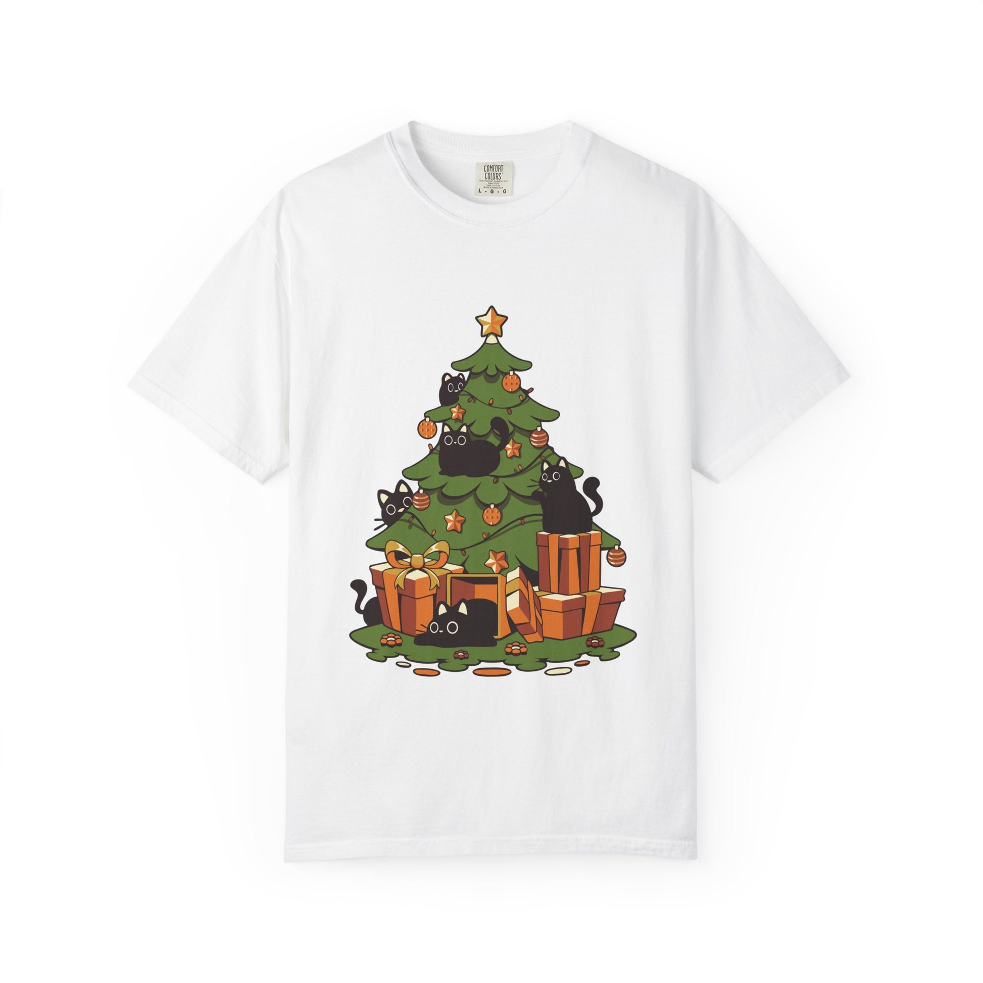 Christmas Cats T-Shirt — Cute Black Cats Tangled in Christmas Tree Holiday Tee Printify