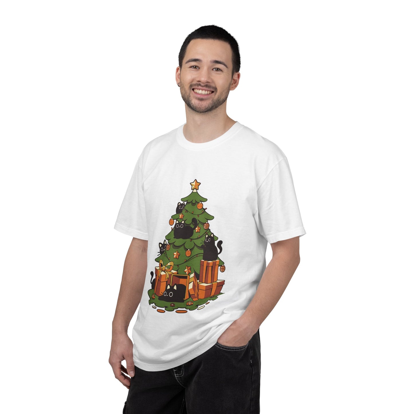 Christmas Cats T-Shirt — Cute Black Cats Tangled in Christmas Tree Holiday Tee Printify