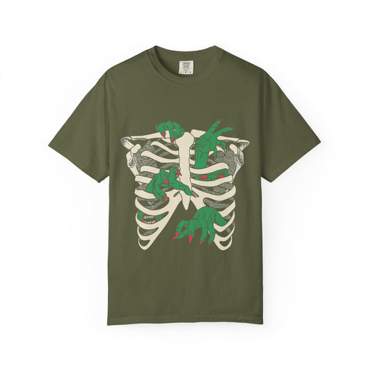 Skeleton Dino Unisex T-Shirt | Vintage Graphic Tee, Fun Gift, Casual Wear, Eco-Friendly Clothing, Halloween Apparel - Maklenn