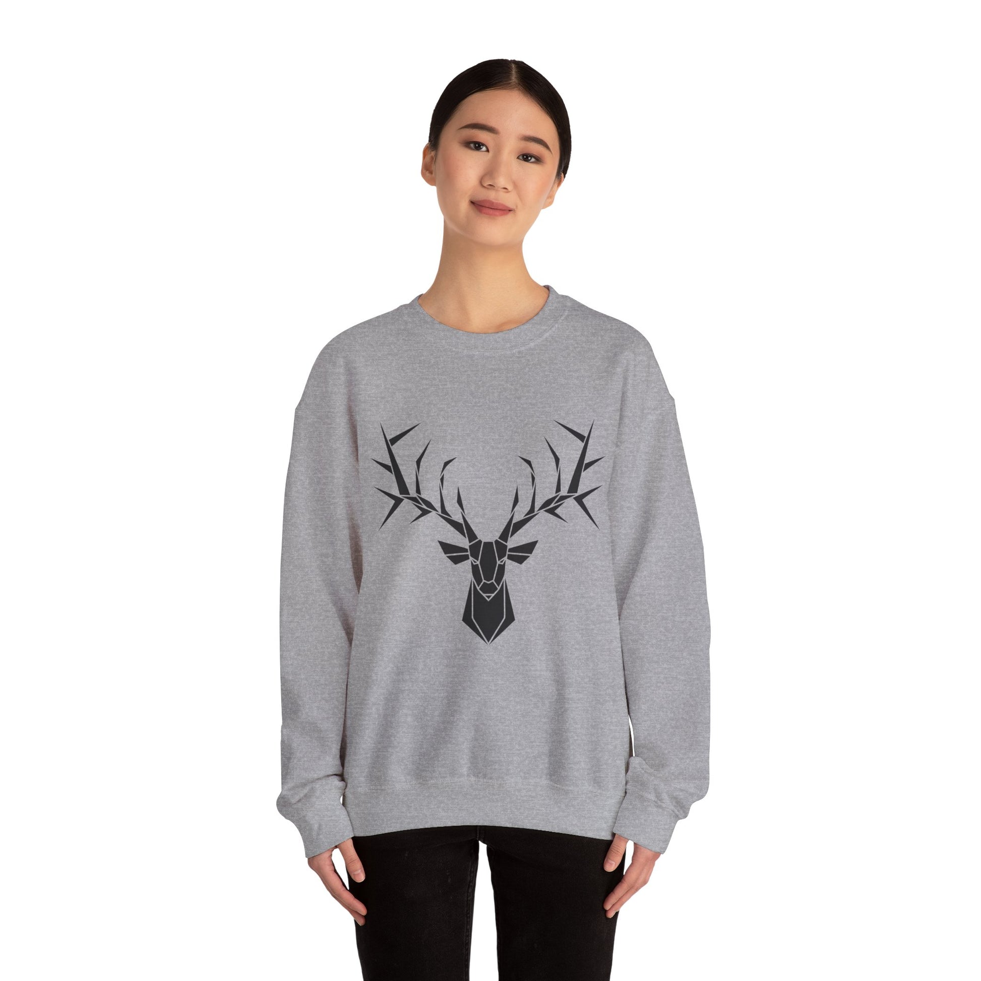 Geometric Stag Crewneck Sweatshirt — Minimal Black Deer Graphic Printify