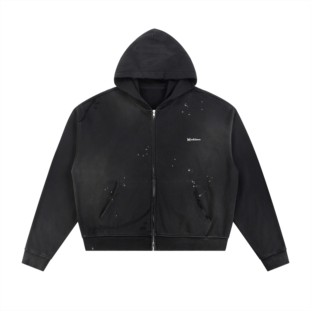 Sun Fade Frayed Raw Edge Fleece Zip Hoodie ODMPOD