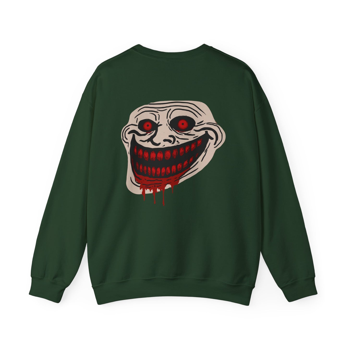 Creepy Grinning Face Crewneck Sweatshirt — Horror Graphic Pullover Printify