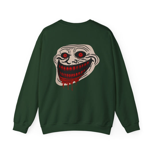 Creepy Grinning Face Crewneck Sweatshirt — Horror Graphic Pullover Printify